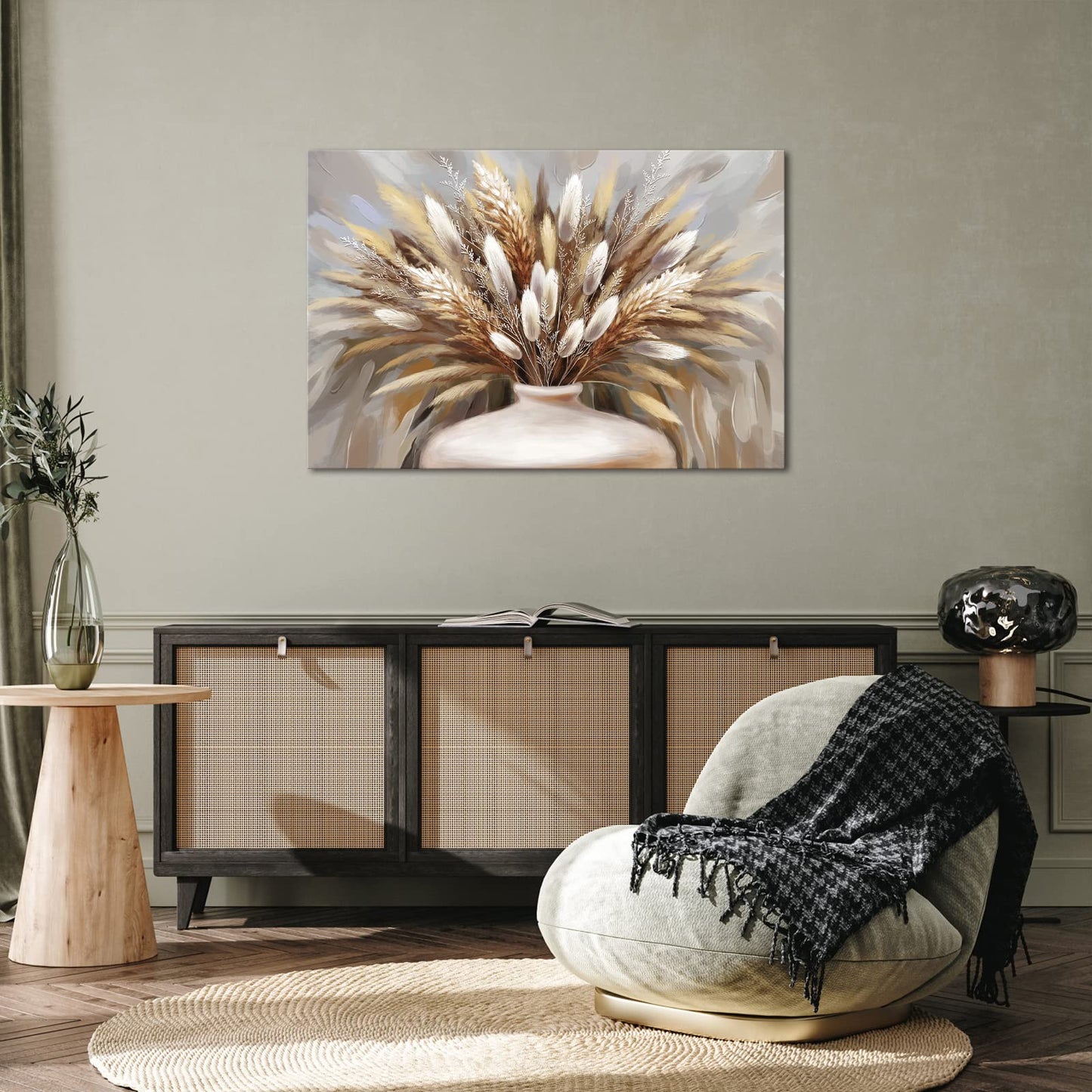 iHAPPYWALL Large Pampas Grass Wall Art Boho Botanical Modern Farmhouse Plant Dried Floral Grass in Vase Canvas Prints for Home Kitchen Bedroom Stretched and Framed Ready to Hang 24x36inch