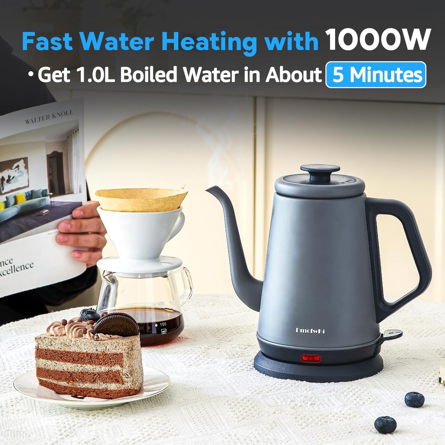 DmofwHi Gooseneck Electric Kettle(1.0L),1000W Electric Tea Kettle of 304 Stainless Steel,Auto Shut off,Water Kettle for Coffee and Tea-Grey