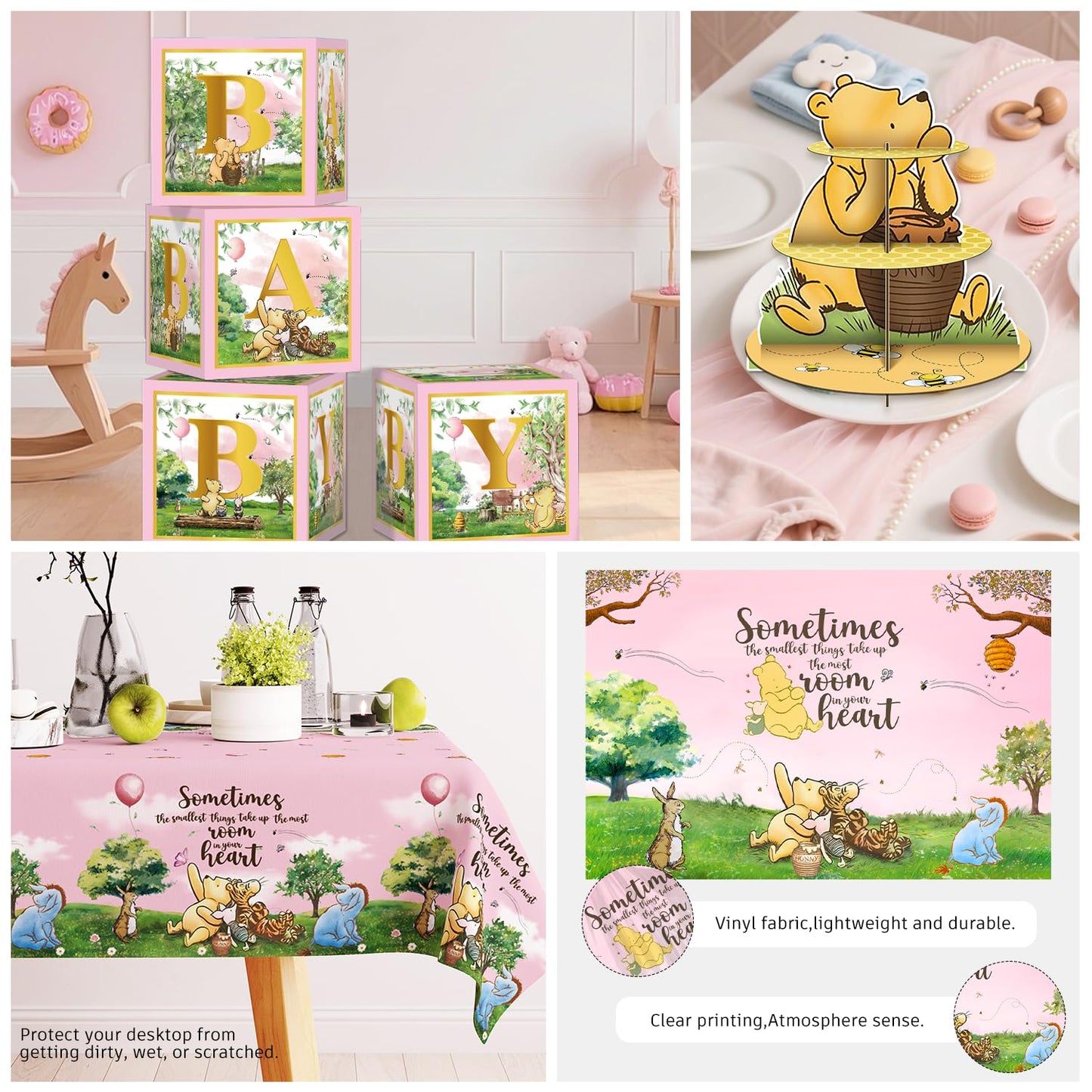 cocomigo 266PCS Pink Classic Bear Baby Shower Decorations Set, All-in-One Party Supplies Pack with 20 Plates, Classic Cupcake Stand, Cupcake Toppers Backdrop, Baby Shower for Girls
