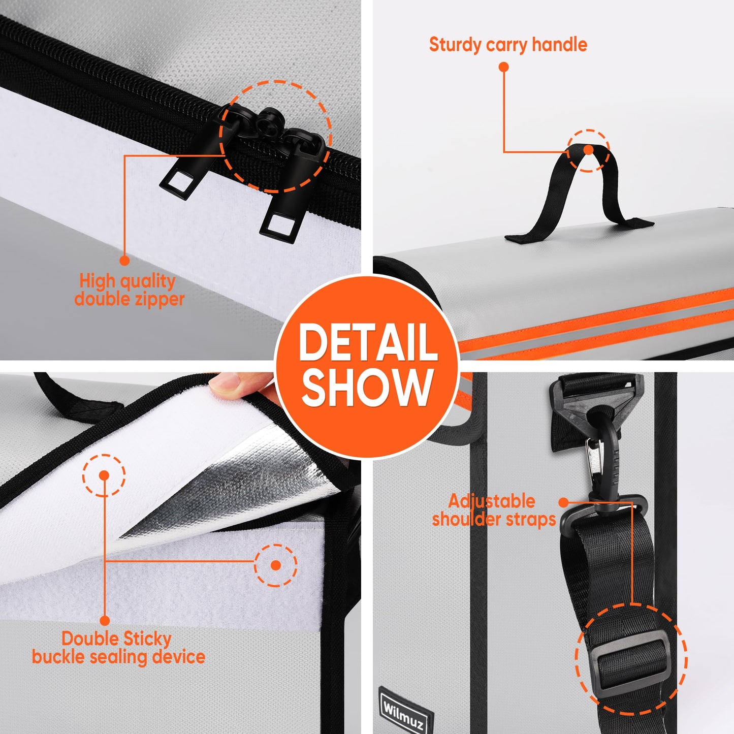 Wilmuz Fire Proof File Box for Documents with Shoulder Strap 5200℉ Insulated,14.9"x11.8"x4.7"Fireproof Document Bag with Reflective Strip,Fireproof Box for Money,Valuables,Jewelry(Silver)