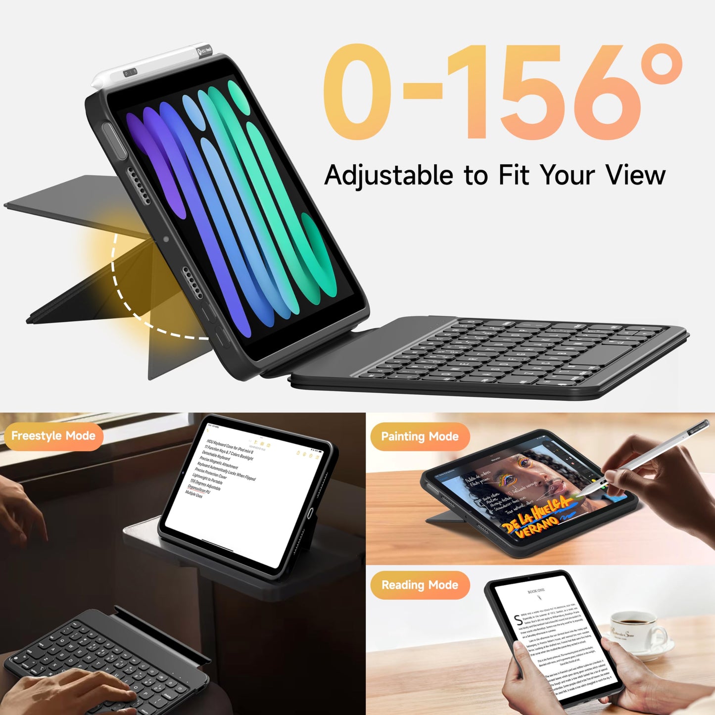 HOU Keyboard Case for iPad Mini 7/6, 156° Adjustable Stand, Detachable Full Protective Case for iPad Mini 7/6, 11 Shortcut Keys, 7 Color Backlight, Silicone PU, Multifunction, Bluetooth