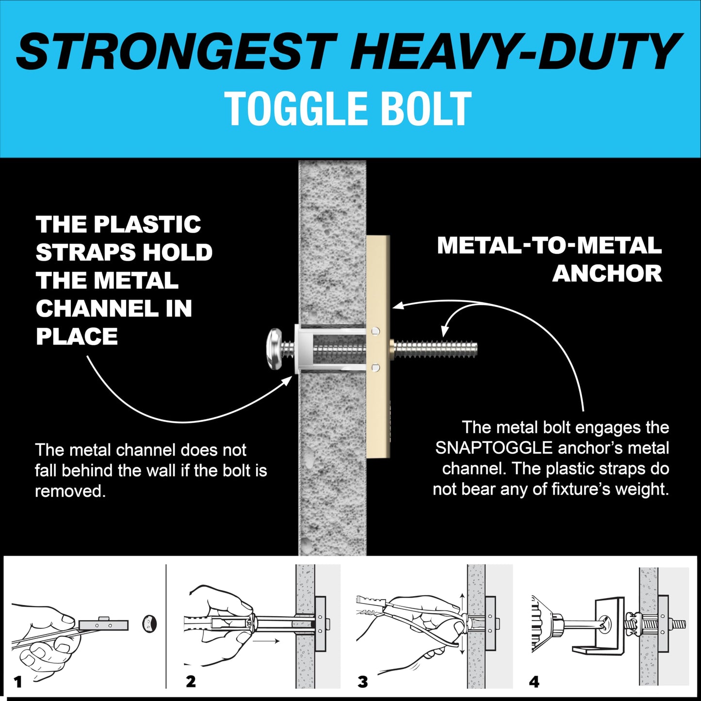 TOGGLER SNAPTOGGLE Heavy-Duty Drywall Toggle Bolt – 3/16"-24 UNC Zinc-Plated Anchor for Hollow Walls, Plaster & Tile – Holds 238 lbs in 1/2" Drywall, Easy Install – 100 Pack (W/Roundhead Bolts)