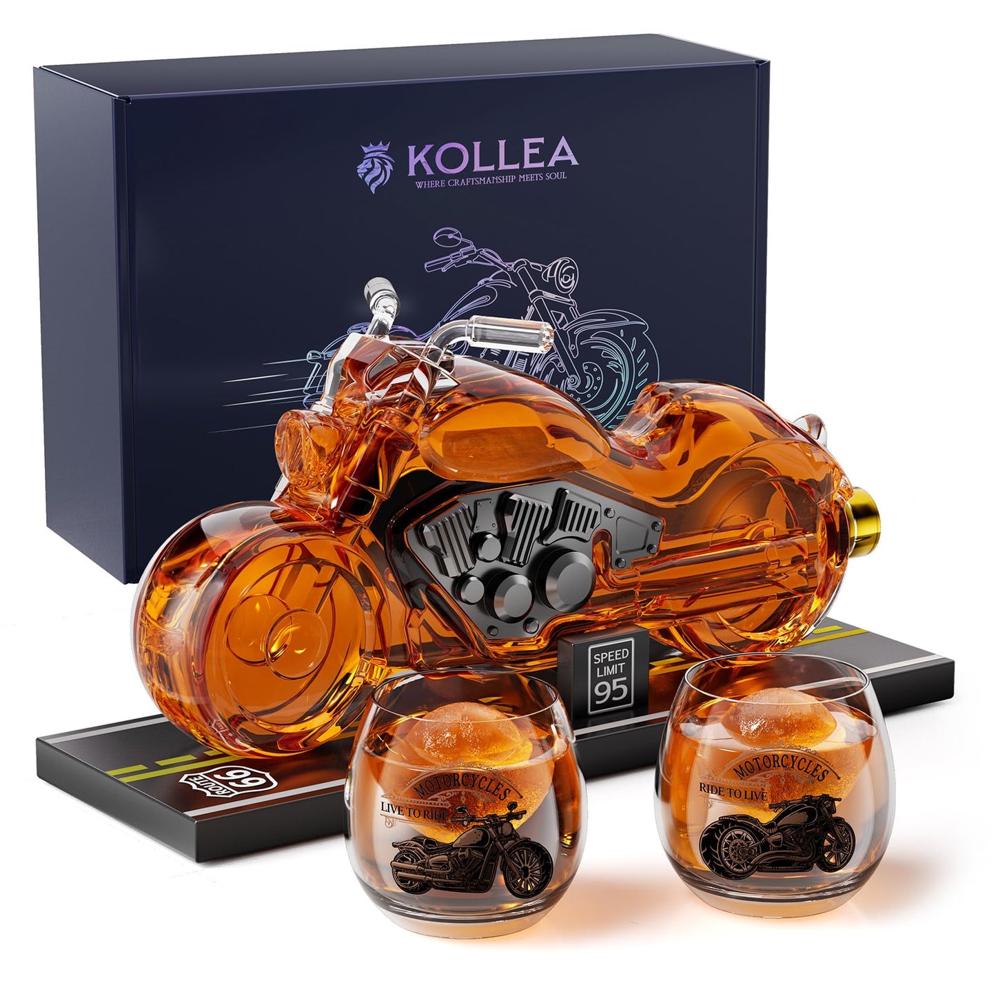 Kollea Birthday Gifts for Men Dad, Motorcycle Whiskey Decanter Set with 2 Glasses, Liquor Dispenser for Home Bar, Unique Gift for Him, Father, Boyfriend, Anniversary, Biker & Motor Lover, Christmas