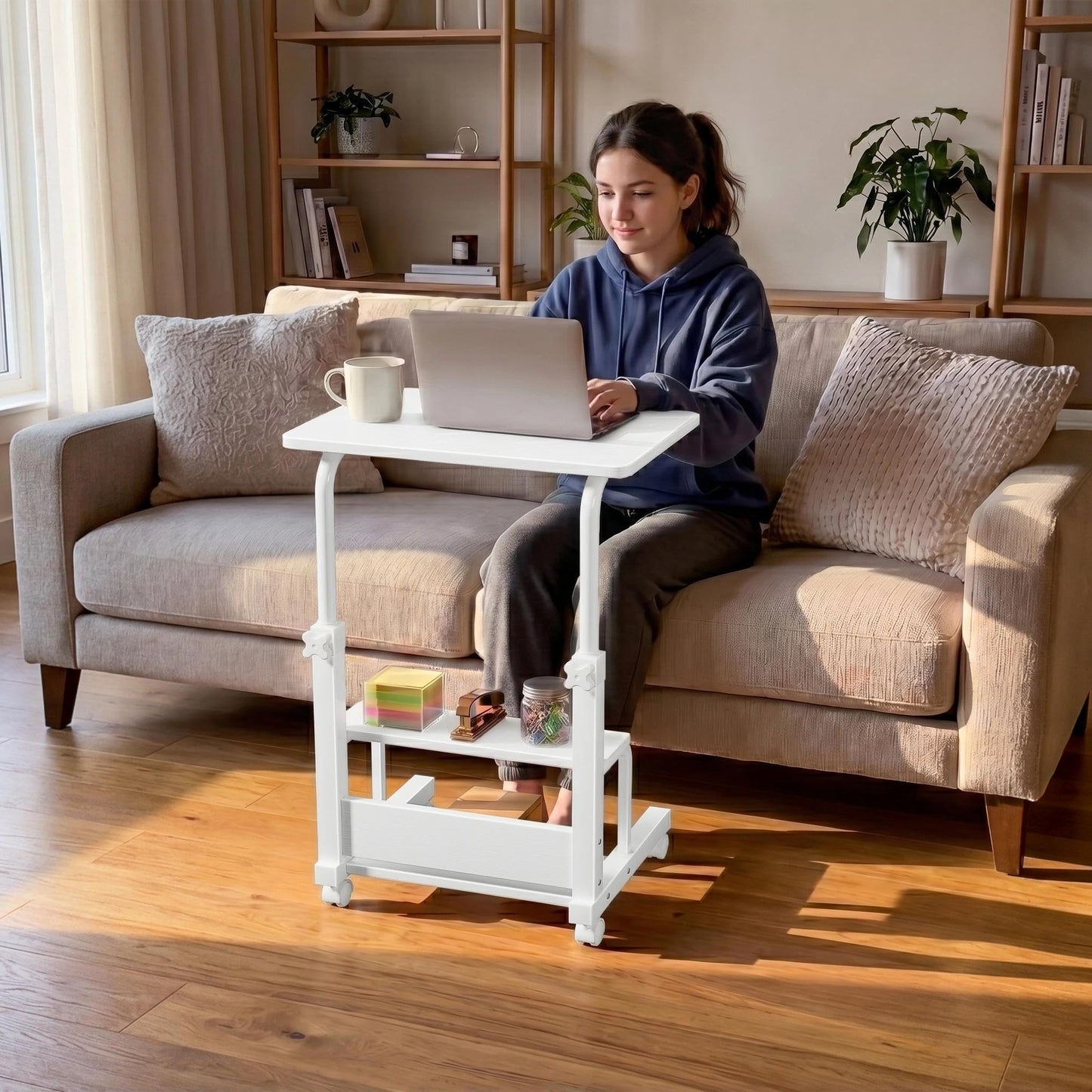 WINAZ Small Bedroom Laptop Rolling Desk - 24" White Mobile Kids Desk with Wheels for Small Spaces, Height Adjustable C Shaped Side Table with 2-Tier Storage Shelves