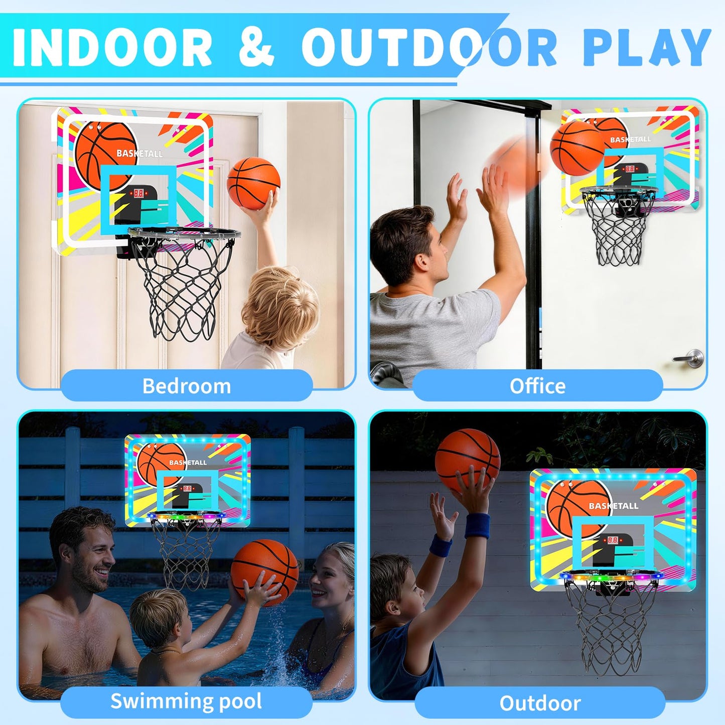 Indoor Basketball Hoop for Kids, Over The Door Basketball Hoop with Scoreboard, Foldable Breakaway Rim & 4 Balls, Mini Hoop Door Room Goal, Basketball Toys Gifts for 4-12 Year Old Boys Girls Teens