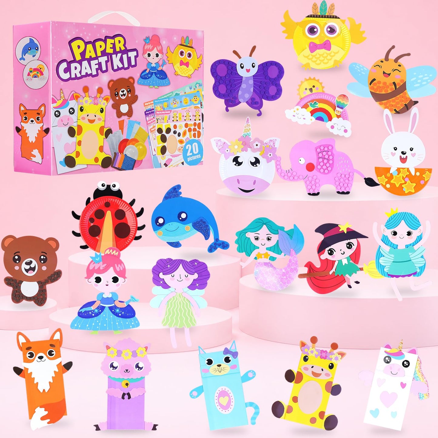 20 Animal Arts & Crafts Kit for Kids 4-6, All-Inclusive Toddler Craft Box with Paper Plates, Puppets, Fun Activities, Tigers, Lions (134 characters) (Princess)