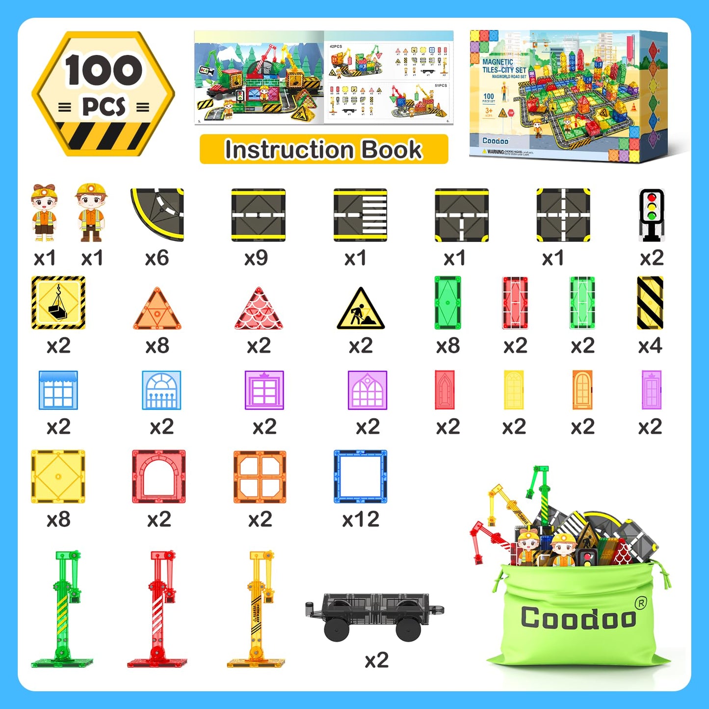 100 PCS Magnetic Tiles Road Set with 3 Cranes & 2 Cars - Magnetic Blocks City Construction Building Toys for 3+ Year Old Boys Girls Ideal Preschool Learning Outdoor Toys Creative Toddler Kids Toys