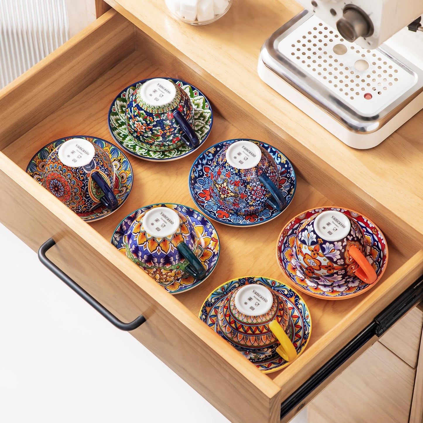 vancasso 8 oz Cappuccino Cups with Saucers Set of 6, Bohemian Ceramic Coffee Cup for Latte, Tea, Espresso, Microwave & Dishwasher Safe - Porcelain Tea Cups and Saucers for Kitchen or Cafe