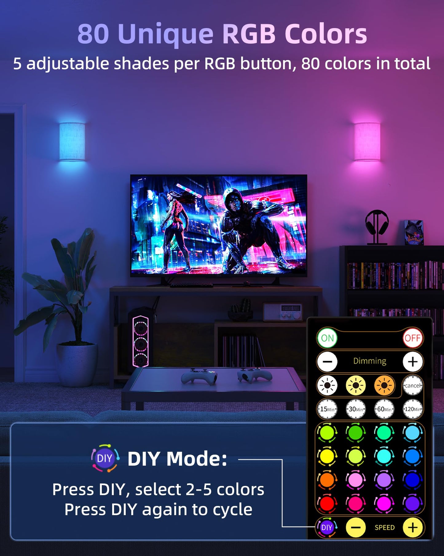 EZVALO Battery Operated Wall Sconce, Rechargeable Wall Sconces Set of Two with Remote, 3 Color & 80 RGB Wireless Wall mount Light, Dimmable, Timer, Peel and Stick, Fabric Linen Wall Lights for Bedroom