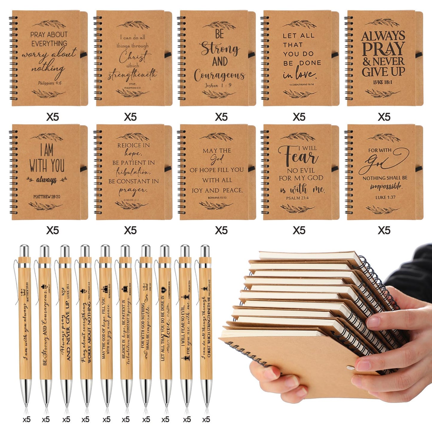 Kosiz 100 Pcs/ 50 Set Father's Day Christian Gift Bulk Include Spiral Notebook and Bible Verse Ballpoint Pen Prayer Journal Religious Gift for Church Members & Study Groups Men Women Sunday School