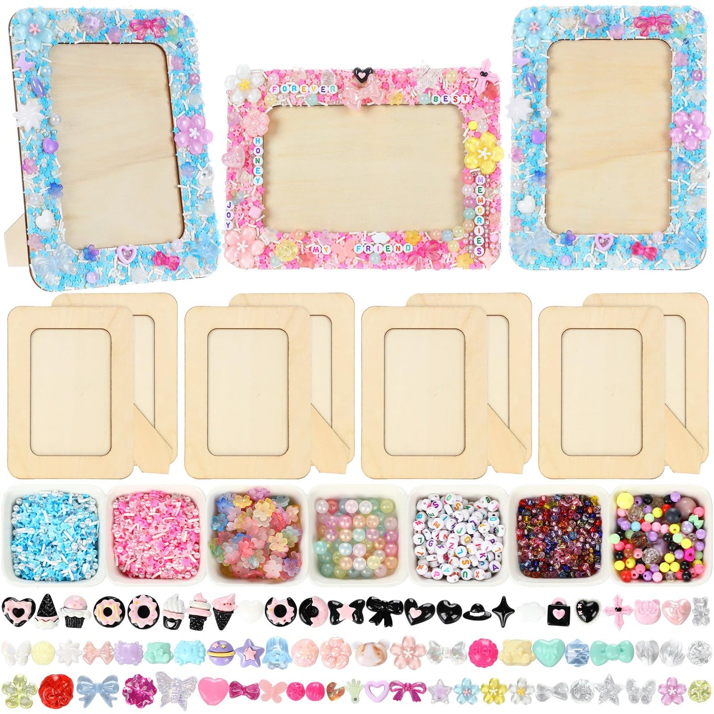 Thyle Picture Frame Painting Craft Kit for 4 x 6 Inch Photo 4 Pcs DIY Unfinished Wooden Picture Frames with Beads Stickers Tweezers for DIY Craft Christmas Halloween Gifts