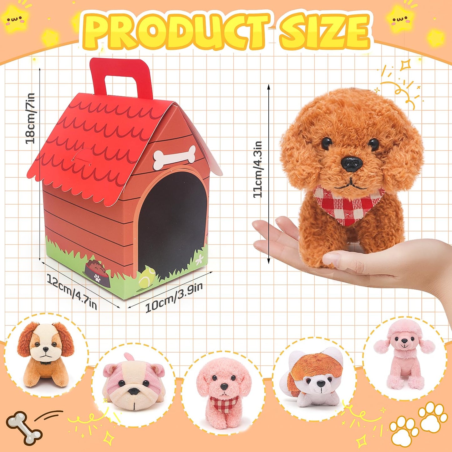 HAPGFS 12 Pcs Mini Plush Puppy Set, Dog Party Favors with Keychain Gift Toys with Carton Dog House, Kids Baby Show Birthday Christmas Party