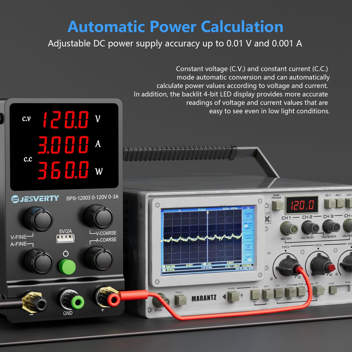 Jesverty DC Power Supply Variable, 0-120V 0-3A Adjustable Switching DC Regulated Bench Power Supply with High Precision 4-Digit LED Display, 5V/2A USB Port, Coarse and Fine Adjustment SPS-12003