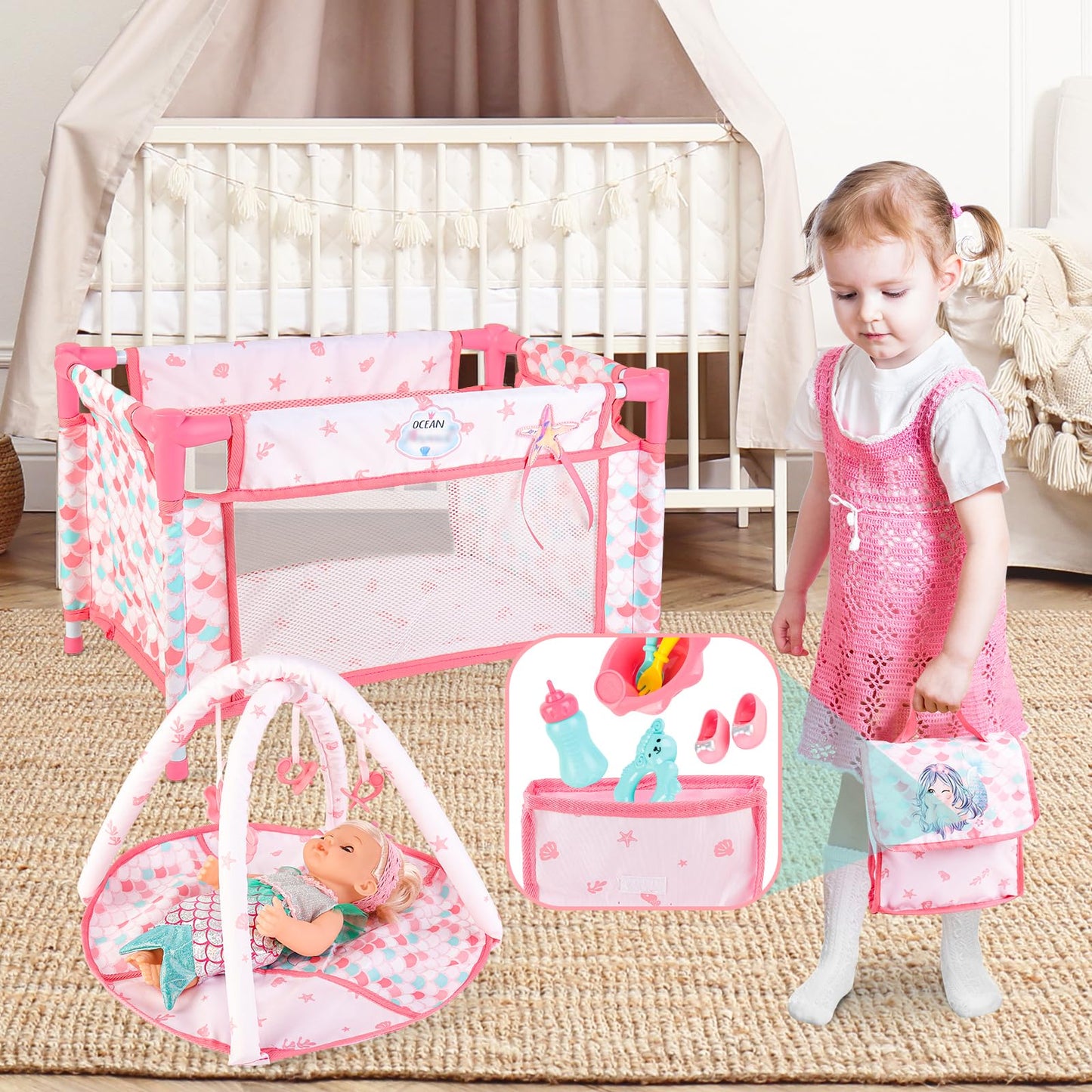 deAO Baby Doll Stroller Crib Bed Nursery Role Play Set Baby Doll Accessories and Play Mat,Travel Cot,Foldable Stroller and Travel Bag Birthday for Girls Boys Kids