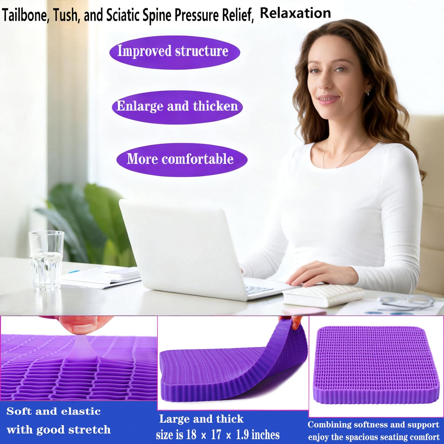 Innovative Gel Seat Cushion for Long Sitting, Large Cooling Supportive Seat Cushion for Back, Sciatica, Tailbone Pain Relief, Used for The Office, Wheelchair, Recliner, Car, Stadium, Kayak.(Púrpura)