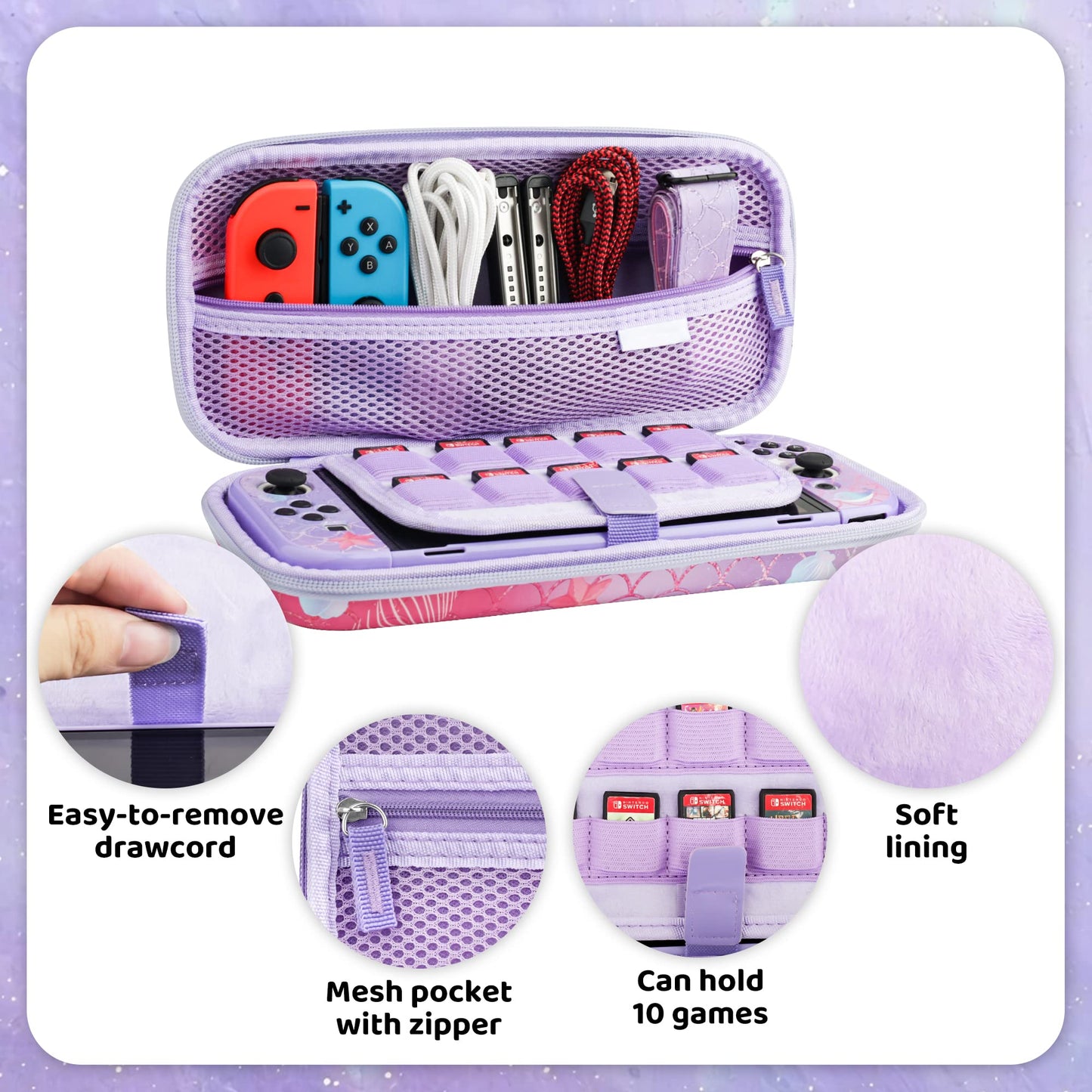 RHOTALL Purple Carrying Case for Nintendo Switch OLED, Cute Storage Case for Switch OLED Accessories with Hard Protective Case, Screen Protector, Adjustable Shoulder Strap and 2 Thumb Caps for fish