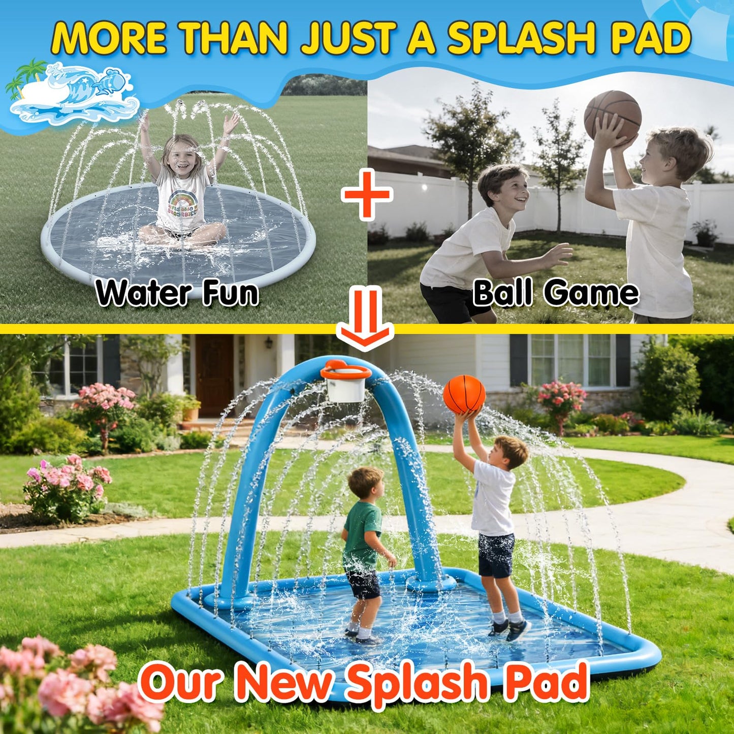 Instraella Splash Pad for Kids, 110 x 91'' Large 2-in-1 Sprinkler Mat with Basketball Hoop, Inflatable Splash Pad for Backyard Outdoor Water Play, Summer Water Toys for Boys and Girls