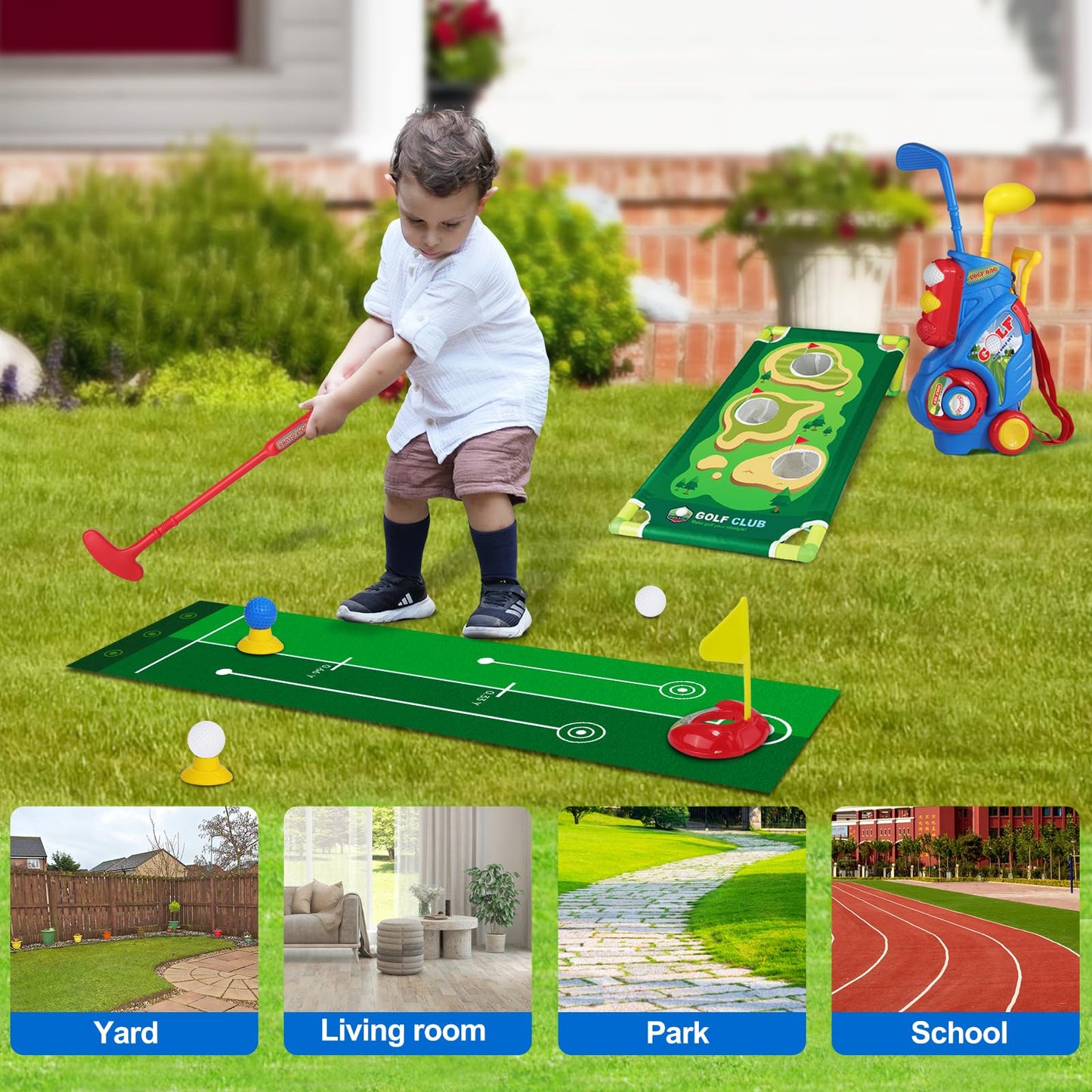 Jovizo Toddler Golf Set for Boys Girls 2 3 4 5 Years Old, Upgraded Kids Golf Cart with Putting Mat & Cornhole Board, Outdoor Indoor Sports Toys, Blue