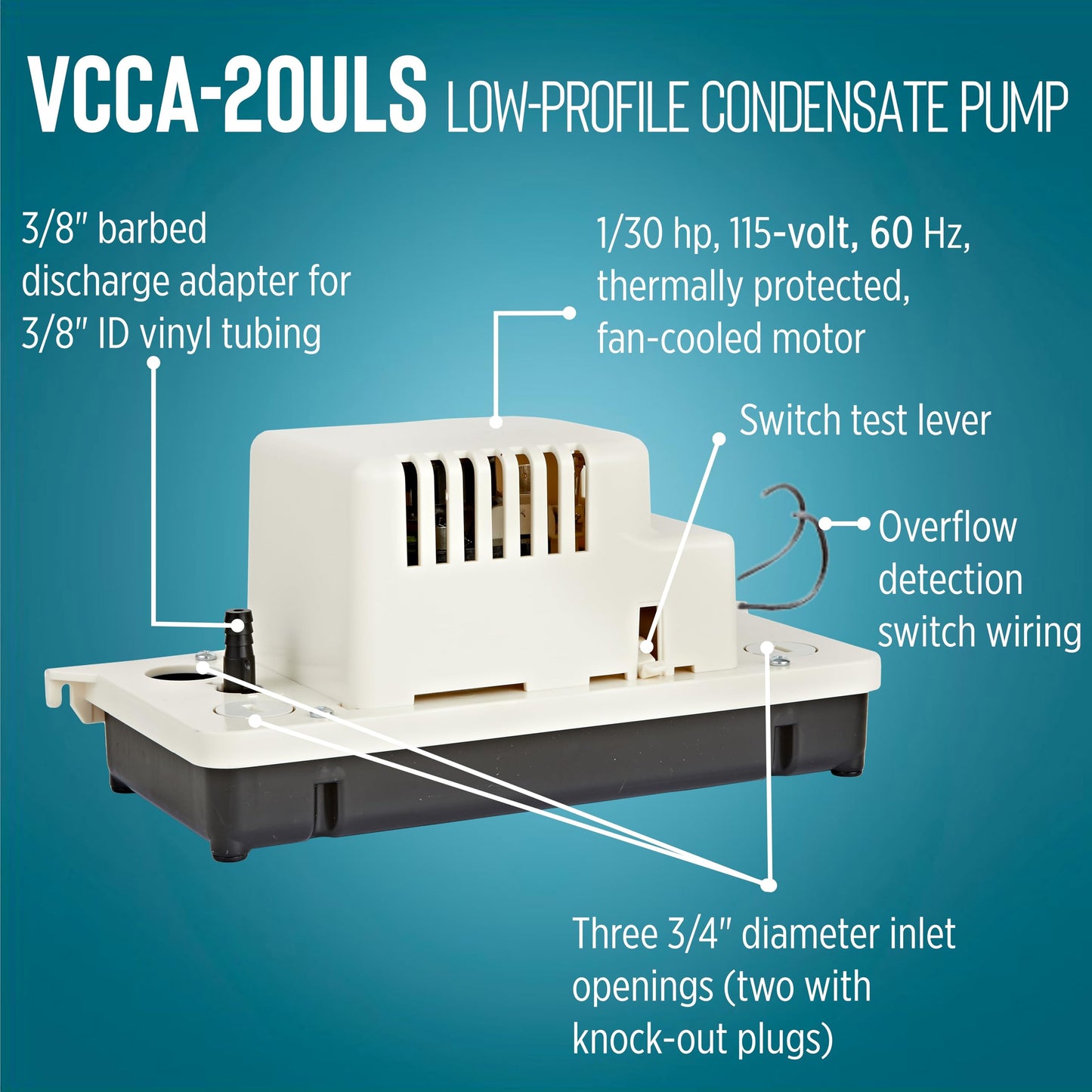 Little Giant VCCA-20ULS 115-Volt, 60 Hz, 1/30 HP, 80 GPH Low-Profile Automatic Condensate Removal Pump with Safety Switch, White/Black, 554201101