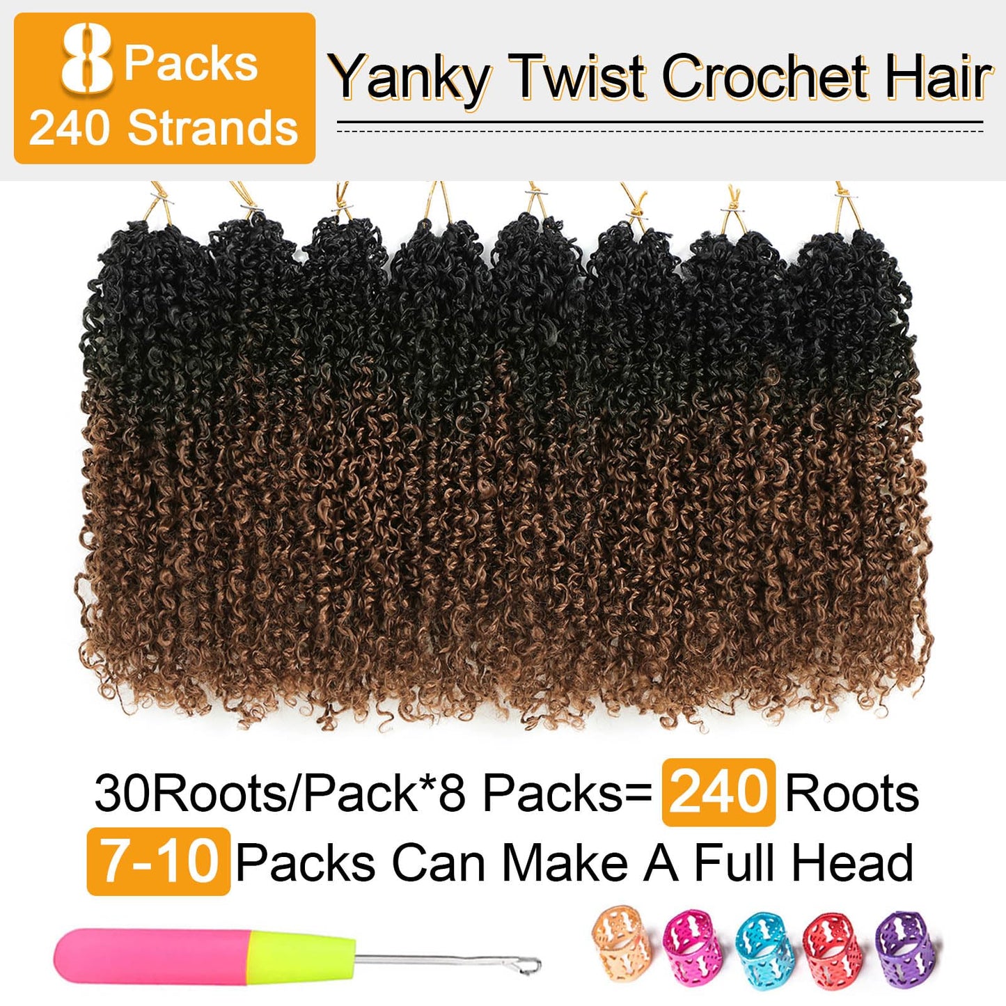 Aksice 10 Inch Yanky Twist Crochet Hair Pre-looped 8 Packs Ombre Brown Spring Twists Hair Senegalese Twist Crochet Hair with Curly Ends Synthetic Crochet Braids (1B/30#)