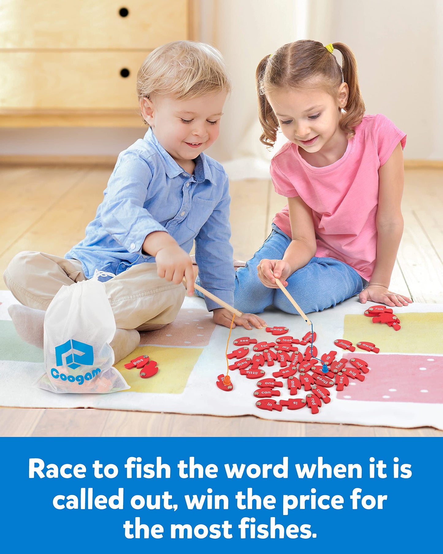 Coogam Wooden Magnetic Fishing Sight Words Game Learning Dolch Word Flashcards Montessori Educational Toy for Preschool Kids