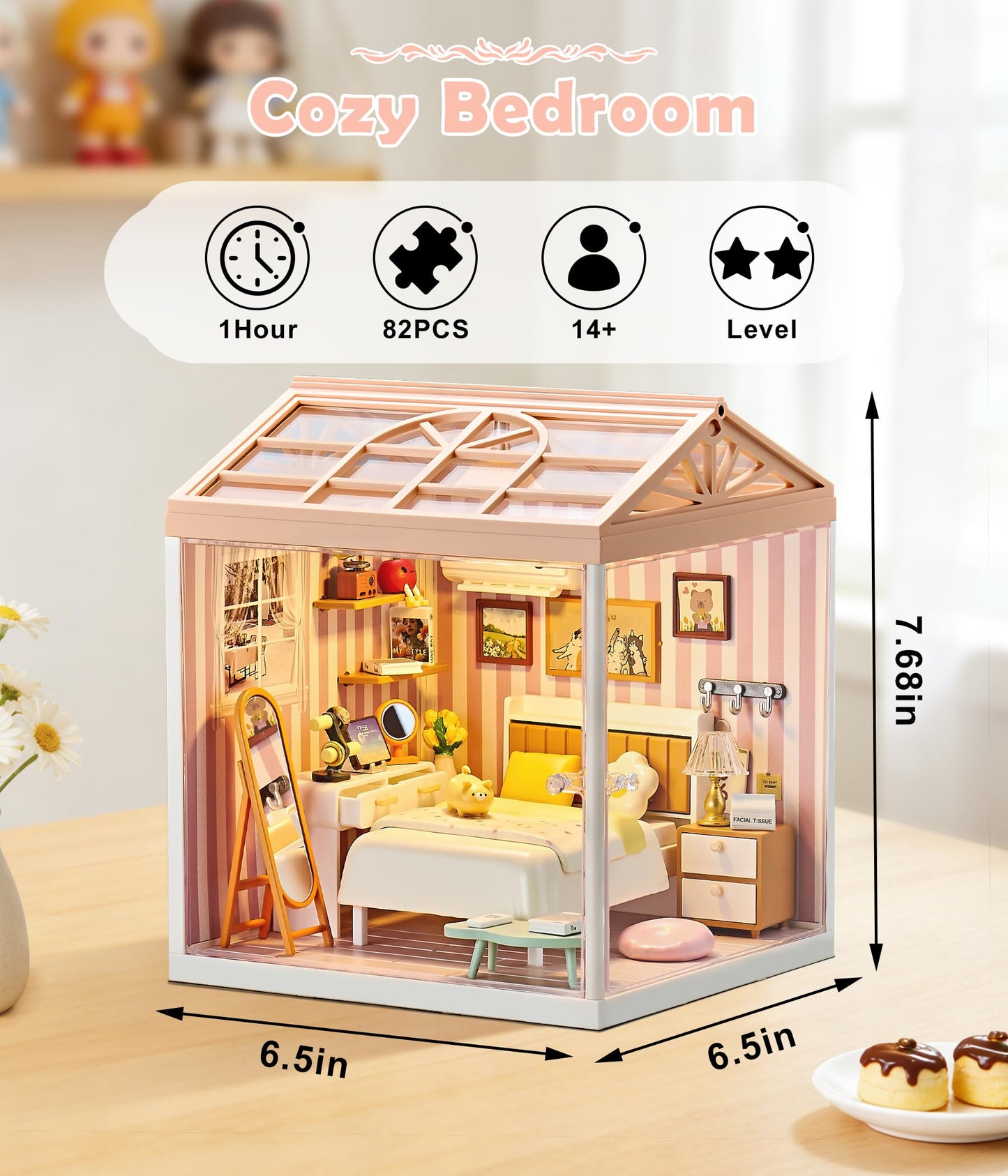 BeepZipp Cozy Bedroom DIY Miniature House Kit for Adults, 3D Dollhouse with LED Light & Dustproof Door, Stackable Connectable Display Case, Creative Gift for Home Decor Lovers Teens Women