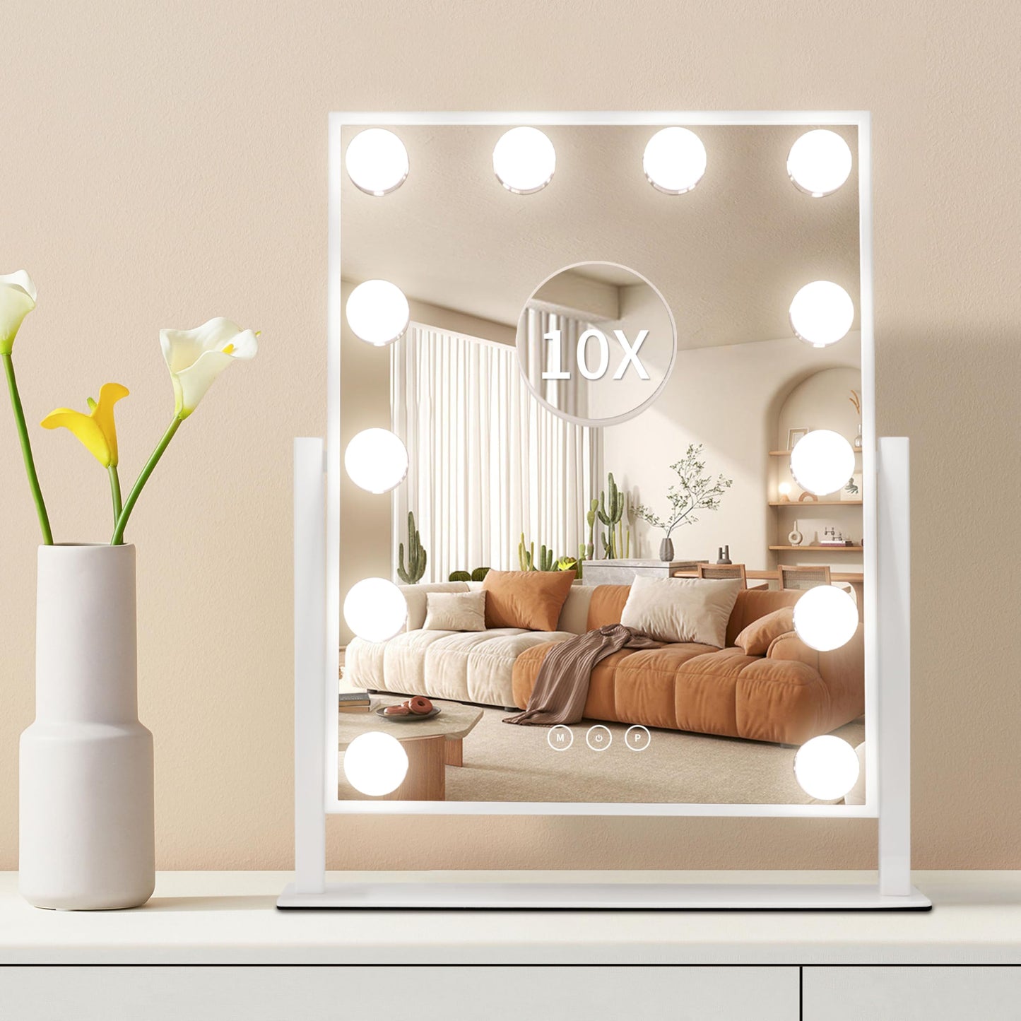 NUSVAN Vanity Makeup Mirror with Lights,3 Color Lighting Modes Detachable 10X Magnification Mirror Touch Control,360°Rotation, White (14.6Inch)