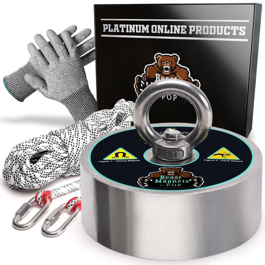 3600lb Complete 360 Degree Magnet Fishing Kit | Includes Strong 360 Neodymium N52 Magnets Durable 10mm 65ft Rope, Carabiner, Gloves