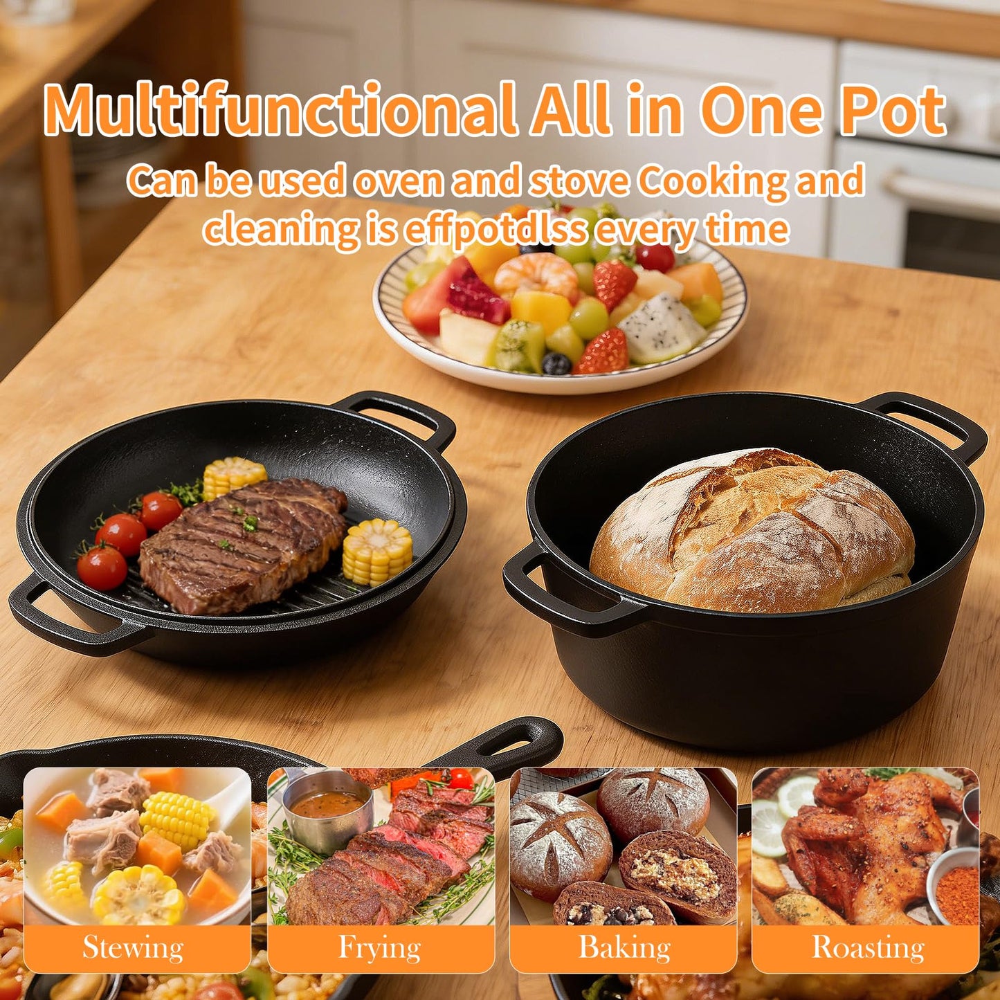 Pre-Seasoned Cast Iron Dutch Oven for Bread Baking - incl. Sourdough Bread-Baking Supplies like Proofing Basket, 2-in-1 Dutch Oven Pot with Skillet Lid and Dual Handles, Sour Dough Tools, Lame, 5QT
