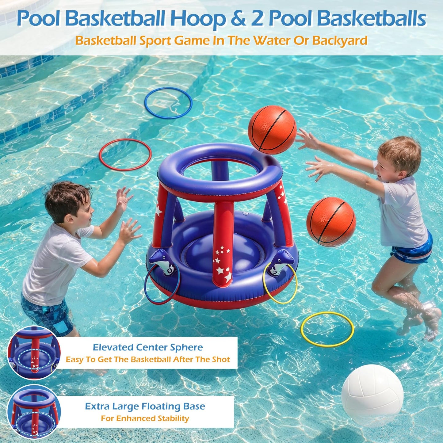 Jasonwell Pool Toys Games Set - 3 in 1 Pool Volleyball Net Basketball Hoop Ring Toss Game Inflatable Floats Water Floating Volleyball Swimming Pools Games Party Gift for Kids Adults (Red&Blue, L)