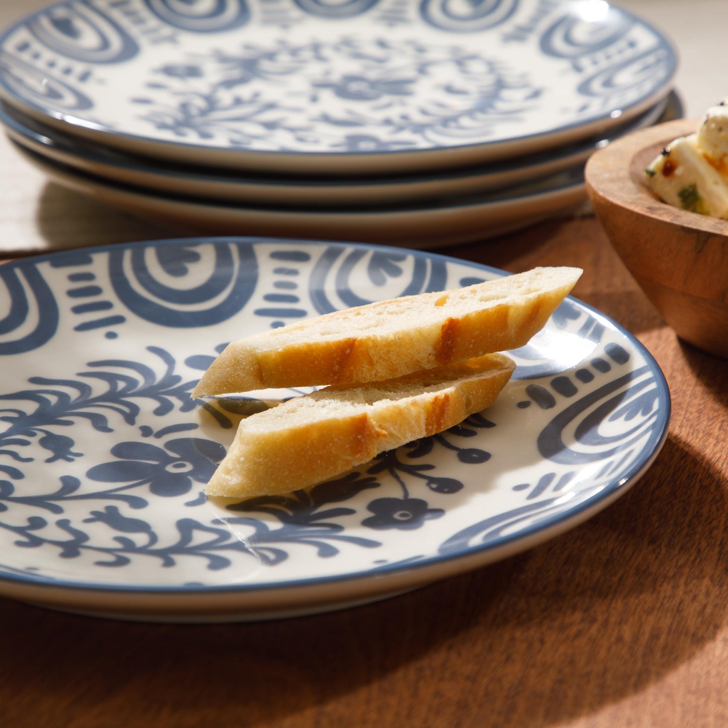 Bloomhouse - 2-Time Oprah’s Favorite Things - Valencia Flor 4 Piece Dessert & Salad Plate Set, 8.75” Stoneware Plates, Mediterranean Floral Decal Design, Microwave & Dishwasher Safe, Iris Blue