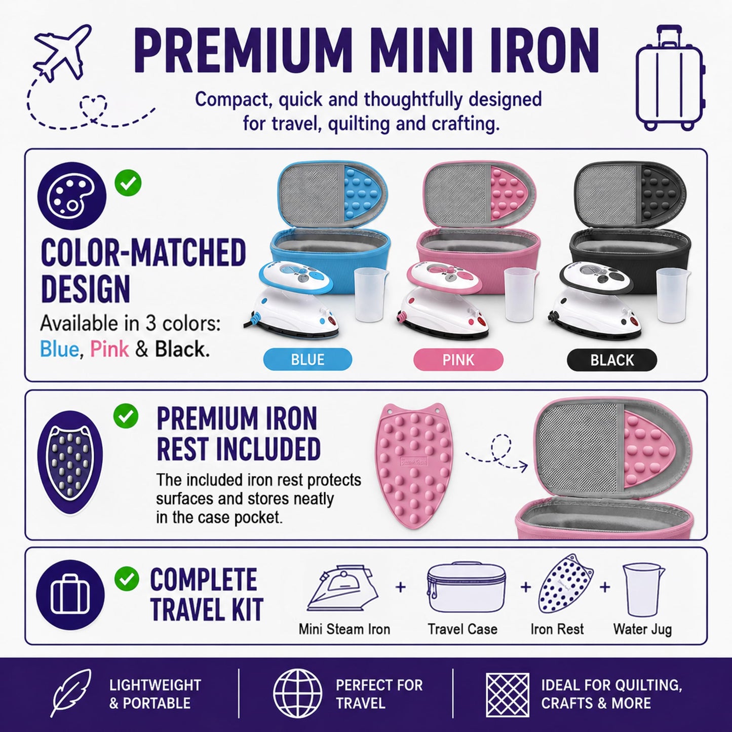 The Quilted Bear Premium Mini Steam Iron - Lightweight Mini Travel Iron for Effortless Quilting & Wrinkle-Free Clothes with Carry Case & Iron Rest Set - Travel Steamer for Clothes & Crafts (Pink)
