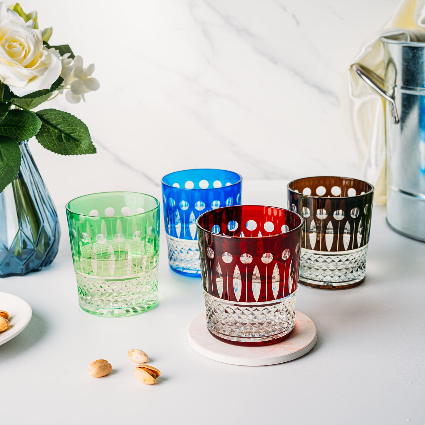 The Wine Savant Crystal Italian Multicolor Design Cups -Set of 4 Whiskey Glasses 8oz 3.5" H Bohemian Venetian Italian Style Red, Blue, Green, Black Glasses, for Dinner Parties, Bars & Weddings