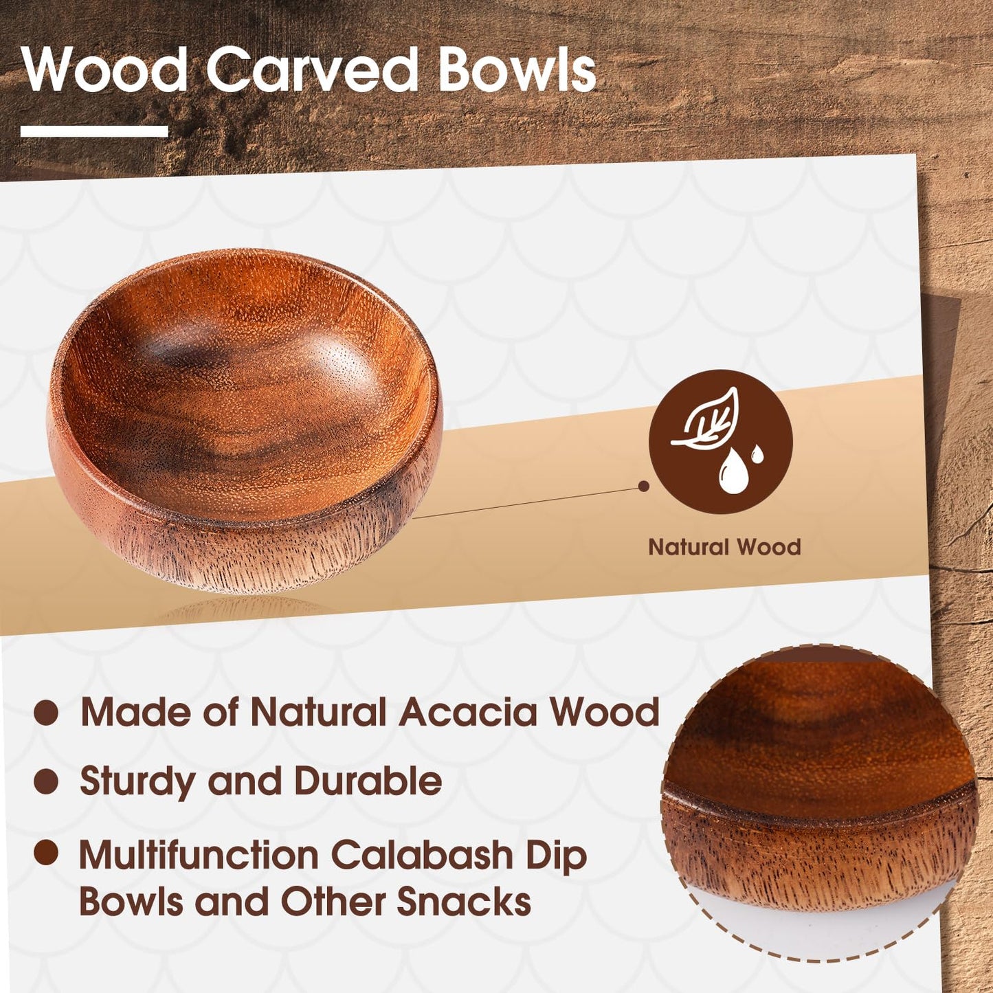 Skylety 20 Pcs Acacia Wooden Bowls Small Calabash Bowls Round Wood Salad Hand Carved Calabash Dip Tray for Serving Popcorn Pasta Candy Cereal Coconut Nuts Sauce Appetizers Kitchen (4 Inch)