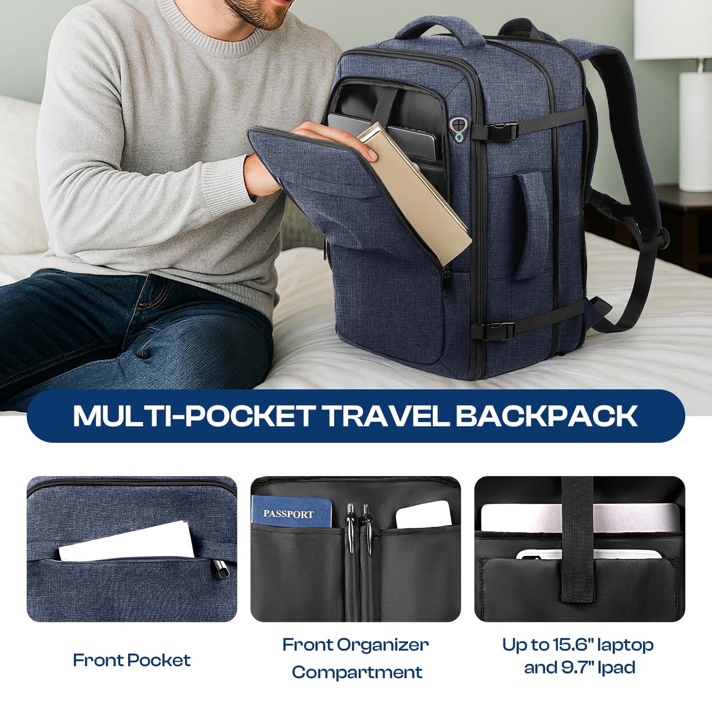 Sirmaeed Carry on Backpack, 35L-45L Expanable Travel backpack,TSA Airplane Approved, Daypack Weekender Bag Fits 17 Inch Laptop, Travel Gifts for Men, Blue