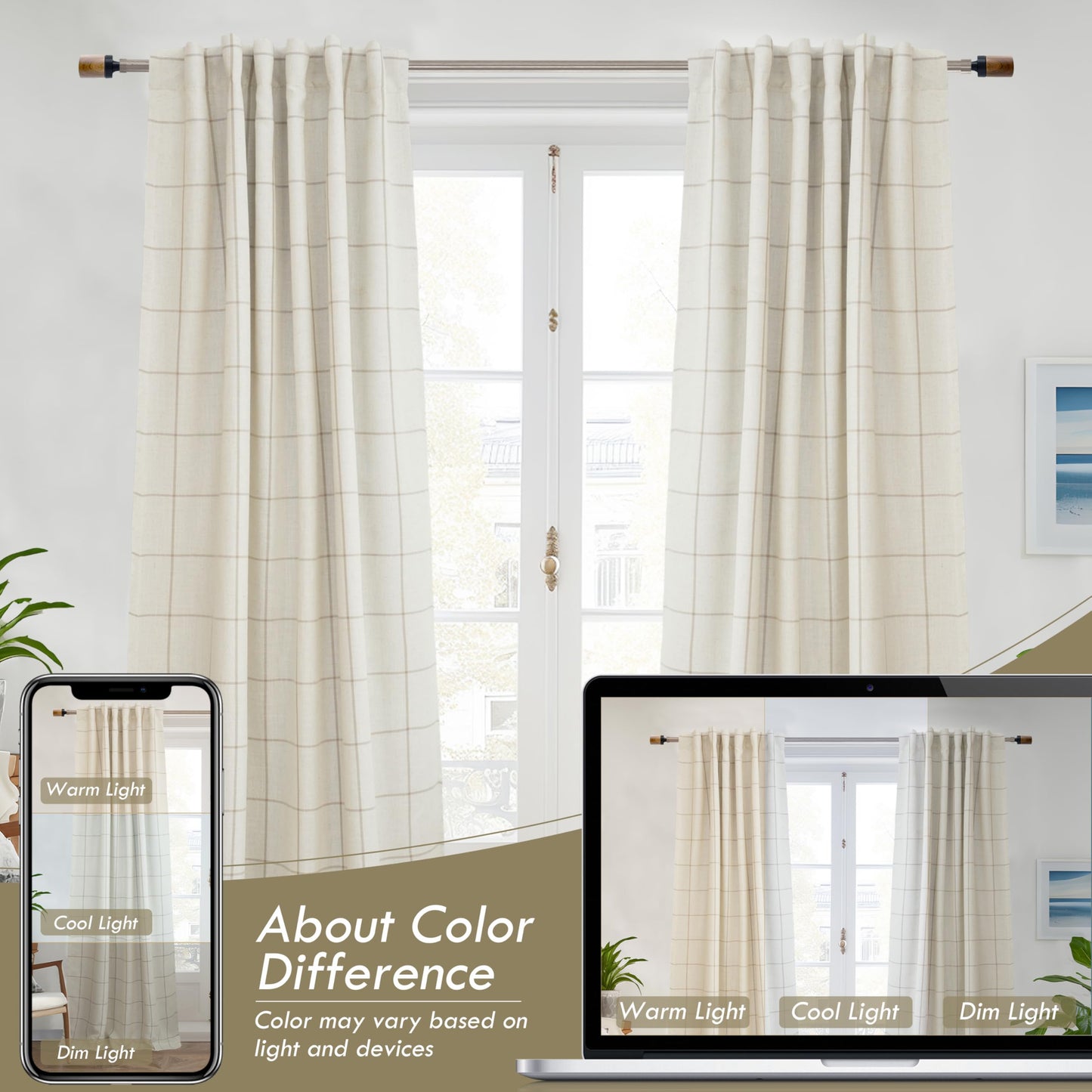 DriftAway 2 Panels 100% Blackout Windowpane Plaid Linen Curtains Double Layer Drapes for Bedroom 84 Inches Long Farmhouse Thermal Insulated 3.25 Inch Rod Pocket Back Tab for Living Room Taupe