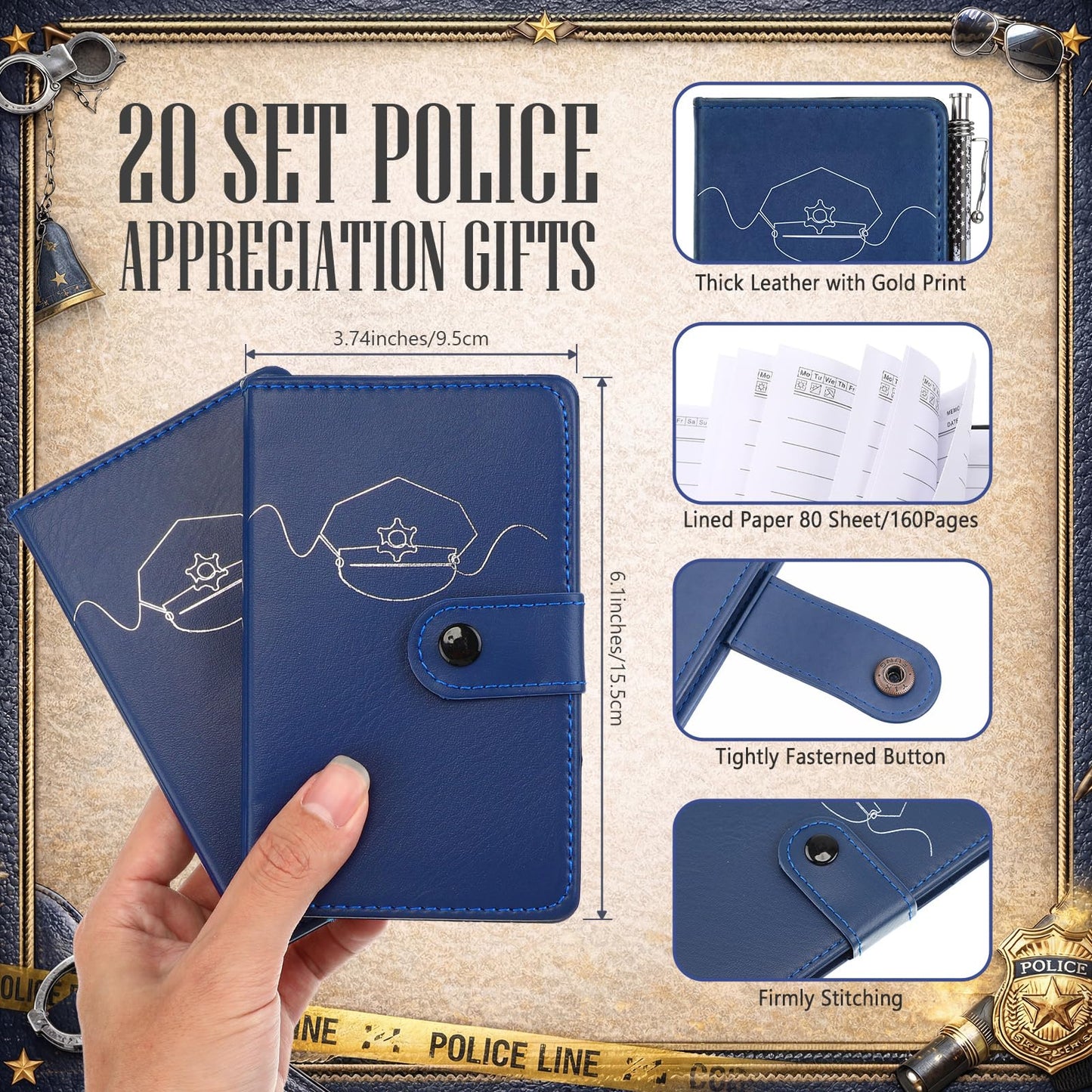 Ctosree 20 Sets Christmas Police Gifts Pocket Leather Notebooks with Handcuff Pens for Law Enforcement Police Officer Appreciation Gifts Stocking Stuffers