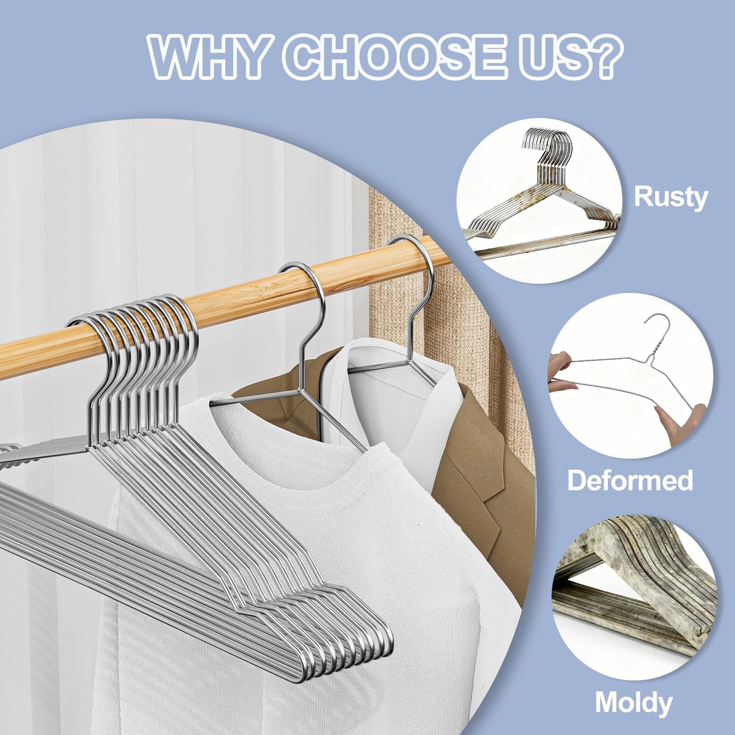 UEAKPIC Heavy Duty 100 Pack Clothes Hangers, Space Saving & Non-Slip Wire Hanger, Stainless Steel Rustproof (11lb & 3.2mm), Metal Hangers for Suits, Shirts, Pants, Dresses (Silver)