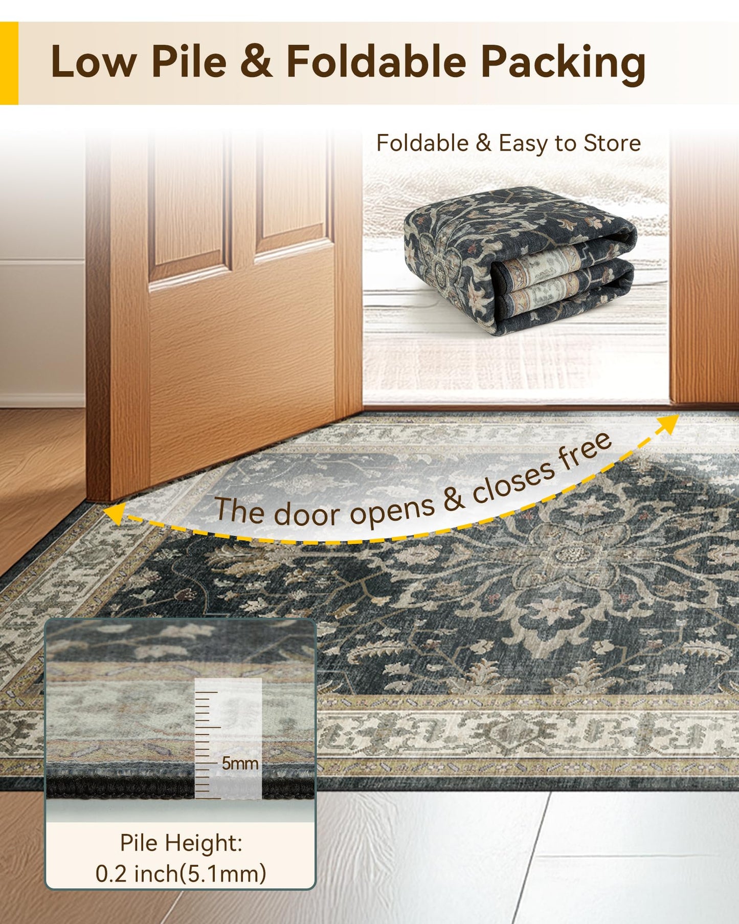 RELEANY Area Rugs 5'x7' Washable Non-Slip, Floral Vintage Distress Medallion Carpet for Living Room Bedroom Dining Room, Vintage Black Brown Neutral