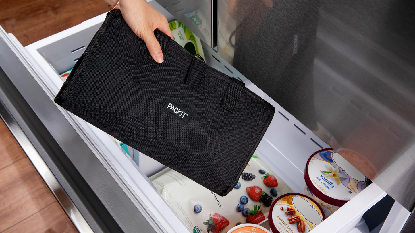 PackIt(R) Freezable Grocery Tote, Black, Built with EcoFreeze(R) Technology, Foldable, Collapsible, Reusable, Zip Closure, Dual handles, Great for Transporting Fresh Groceries