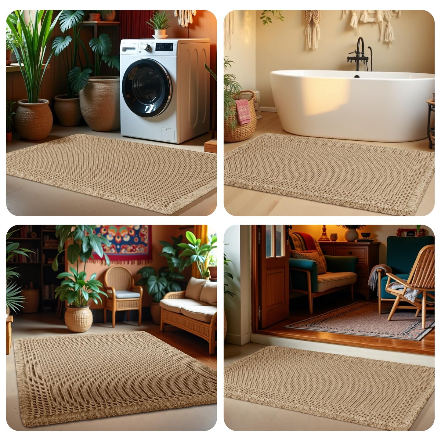 Waffle Bath Mat Set 3 Piece, Boho Woven Modern Bath Rug Absorbent Non Slip, Soft Bathroom Mats, Machine Washable Knit Bath Rugs with Herringbones for Bathroom, Bedroom, Kitchen, Shower, Tub, Beige