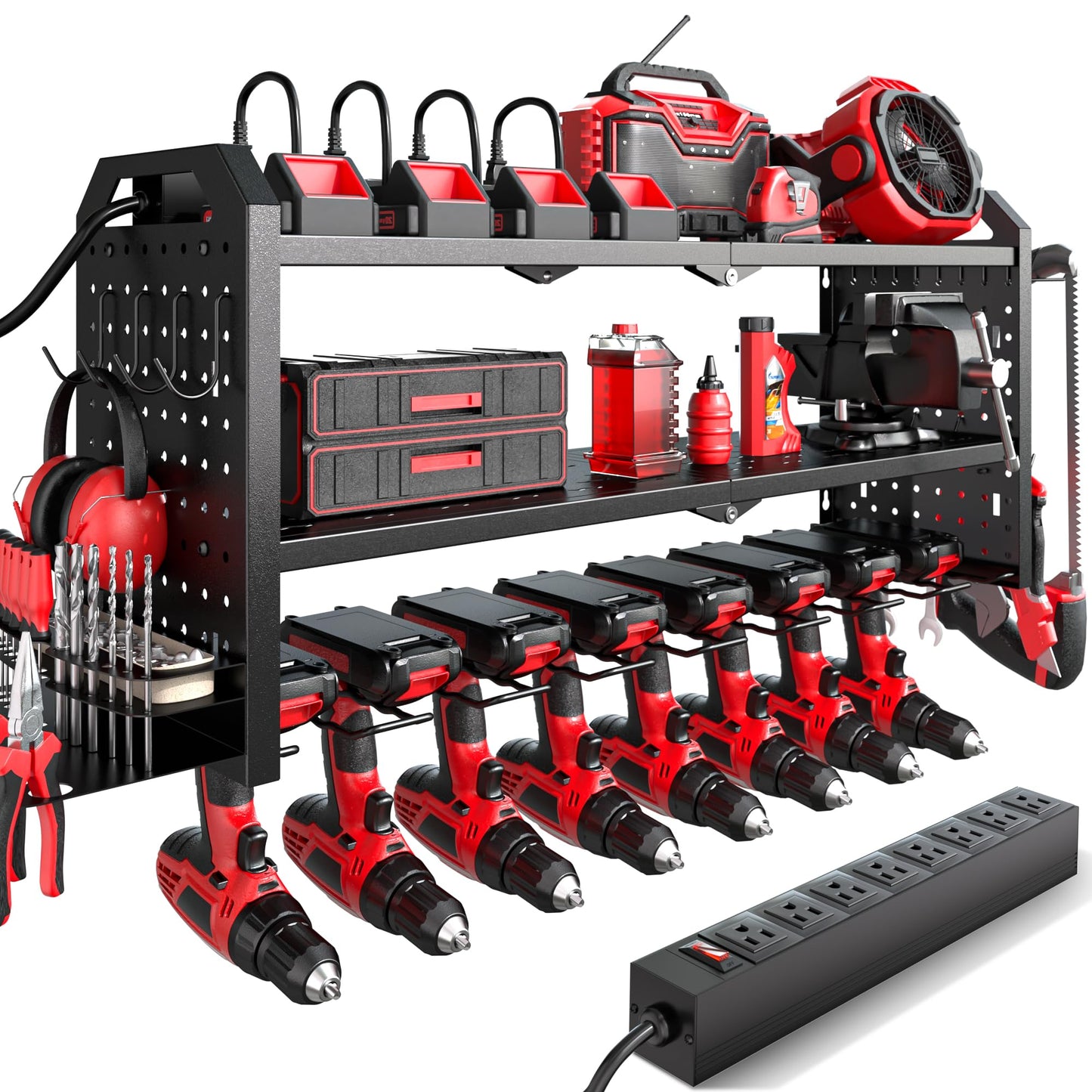 Power Tool Organizer with Charging Station Wall Mount, Built in 8 Outlet Surge Protection Power Strip, Drill Holder Wall Mount, Heavy Duty Metal Power Tool Storage Rack for Garage Organization Black
