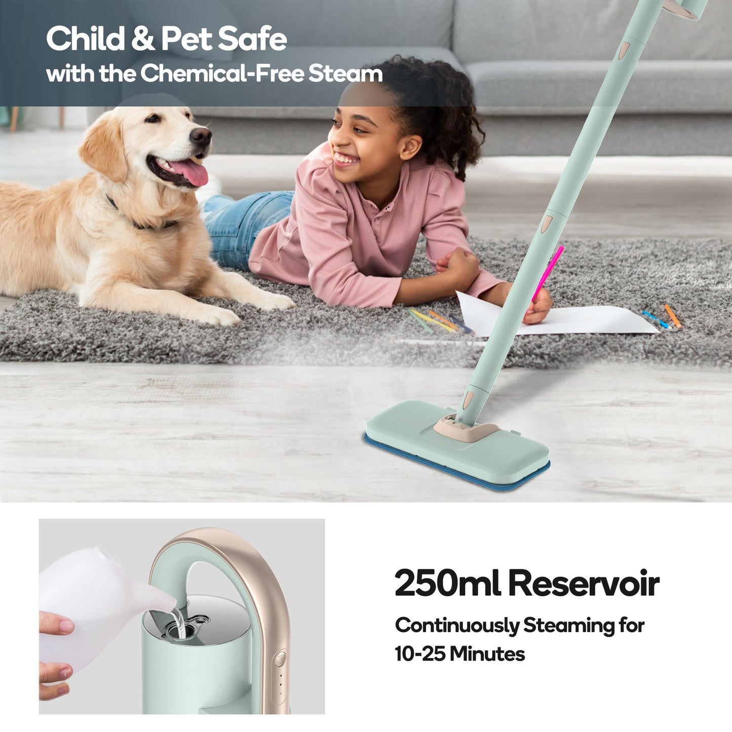 Newbealer Steam Mop & Detachable Handheld Cleaner, 250ml 1200W Powerful Floor Steamer, 3 Adjustable Levels for Carpet Laminate Hardwood Grout, Carpet Glider, 7 Multi-purpose Accessories & 2 Pads