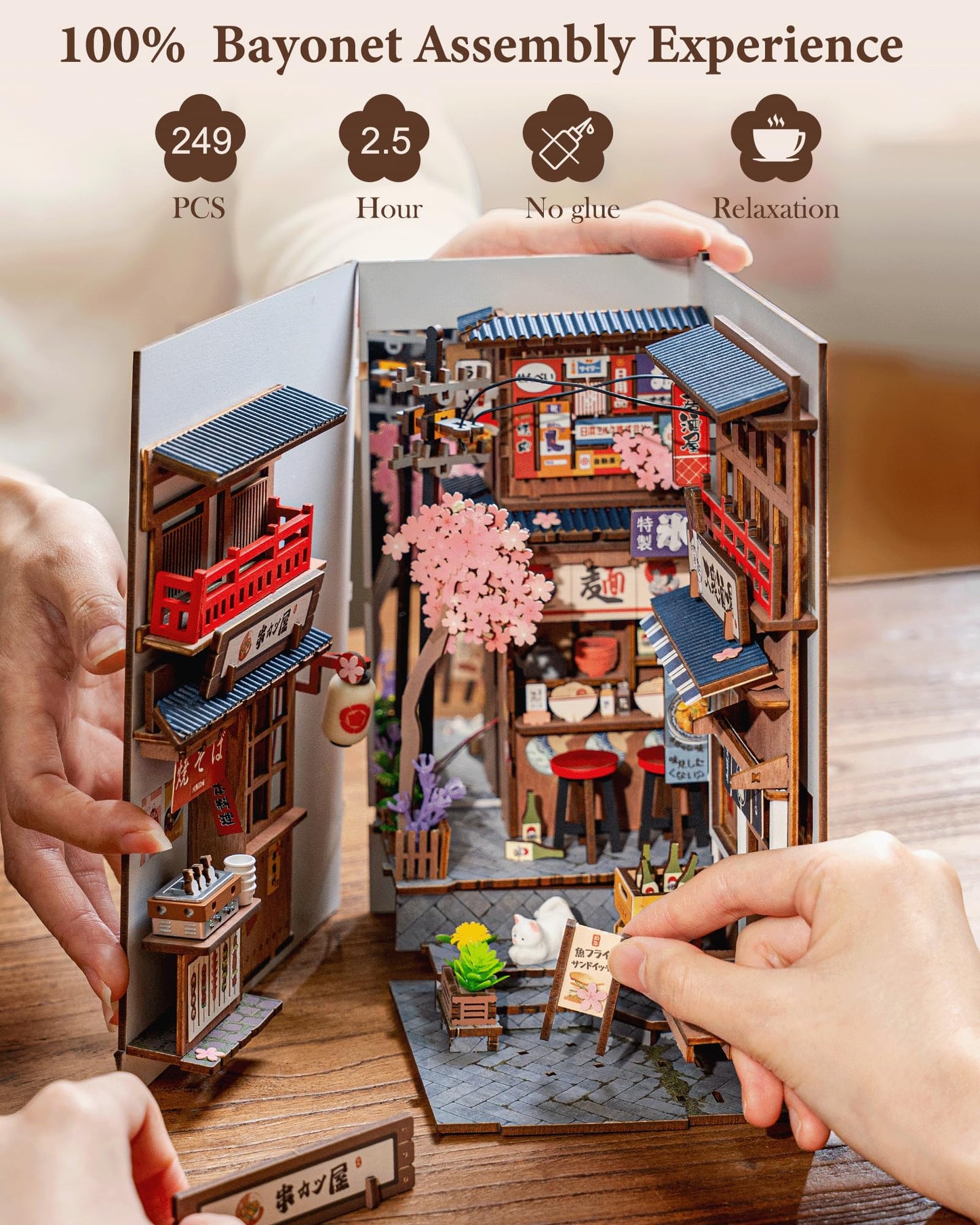 Rolife DIY Book Nook Kits for Adults, Miniature Dollhouse Booknook Kit, 3D Wooden Puzzle Creative Decorative Bookends Bookshelf Diorama Insert Crafts Hobbies Gifts (Sakura Wine Alley)