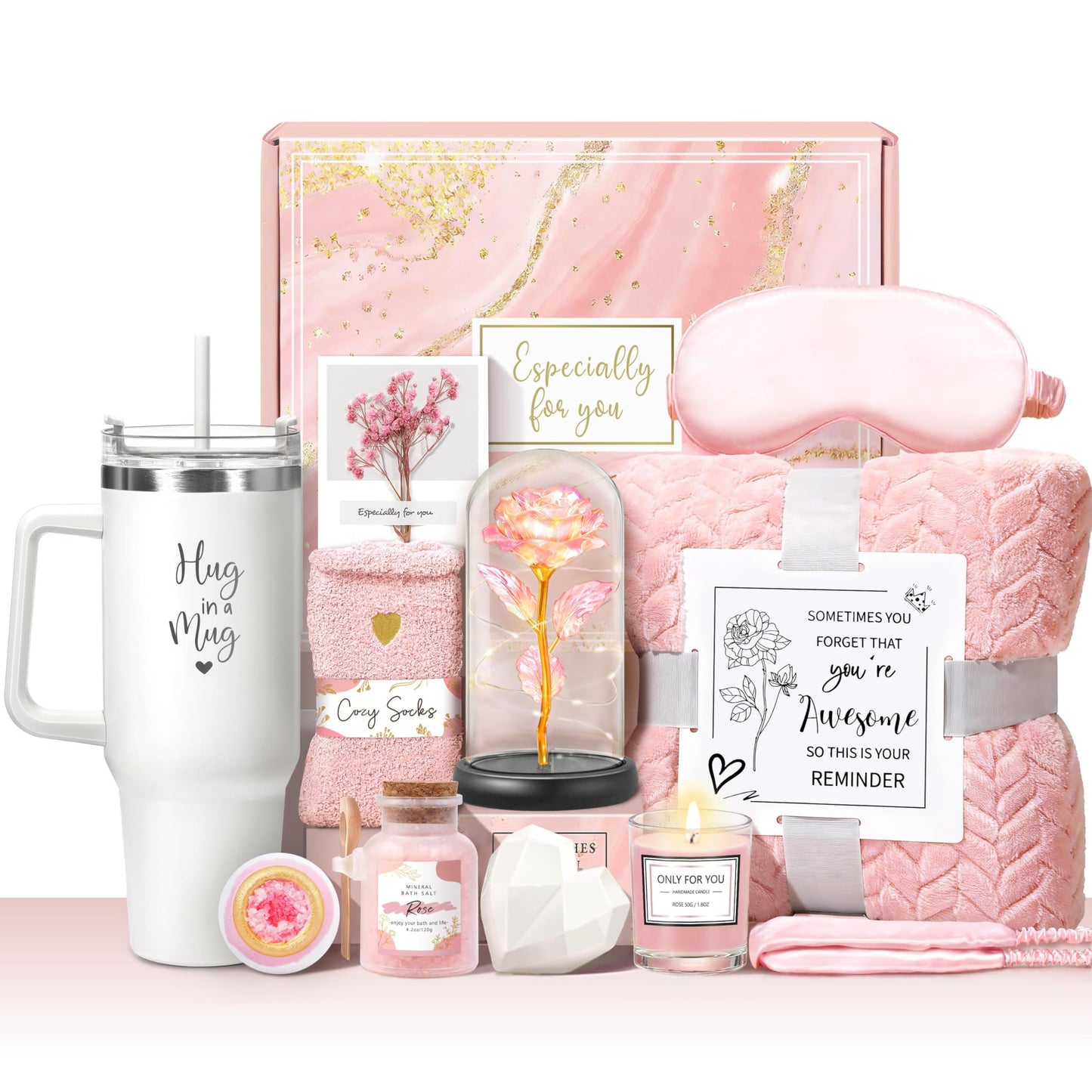 Oufrenn Birthday Gift for Women for Mom Mother, Self Care Package Get Well Gift Basket Happy Birthday Set w/ 40oz Tumbler with Handle & Blanket Thinking of You Her Best Friend Sister