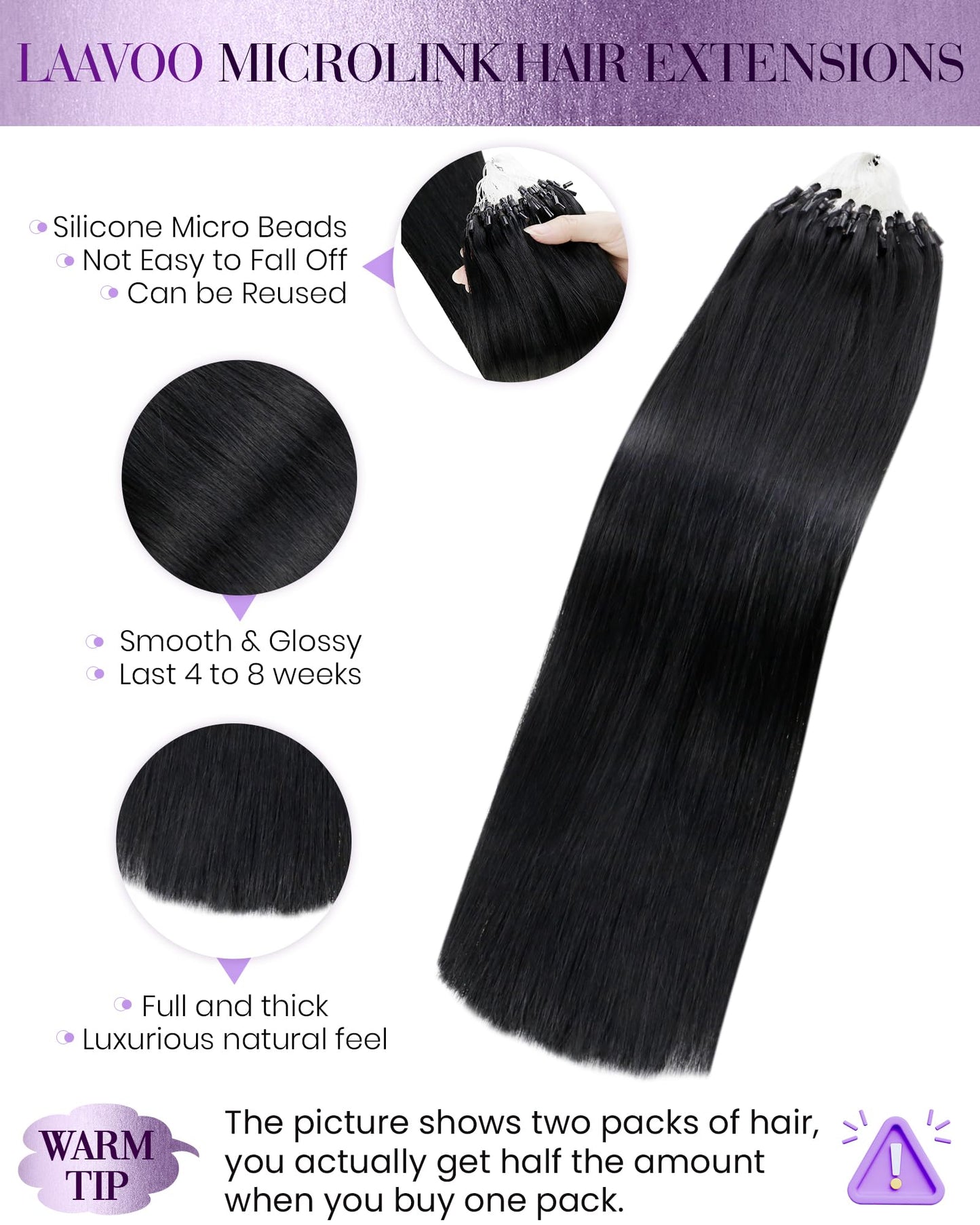 LaaVoo Microlink Hair Extensions Human Hair Black Micro Beads Hair Extensions 20 Inch Jet Black Micro Loop Hair Extensions Real Human Hair Black Micro Hair Extensions Human Hair 50g 50s