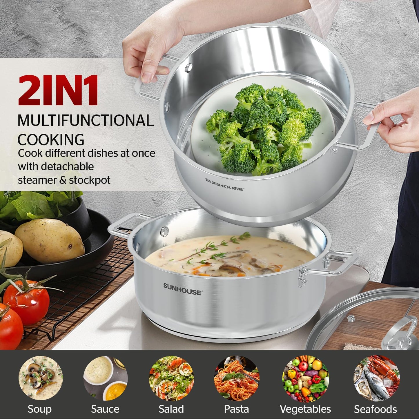 SUNHOUSE 2-Tier Stainless Steel Steamer Pot for Cooking - Large 5.5 QT Steamer Basket & 3.8 QT Stockpot - Tri-Ply Base Vegetable Steamer with Stay-Cool Silicone Handles and Lid - Induction Compatible