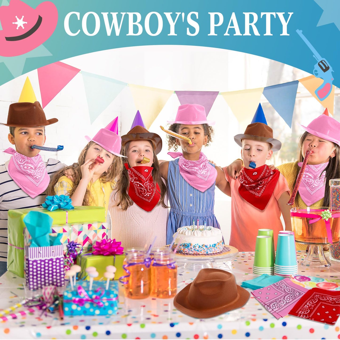 Hillban 72 Pack Cowboy Hat and Bandana Set, 36 Cowboy Hats 36 Cowboy Bandana Bulk for Fancy Dress Party Cosplay Costume (Brown, Pink)