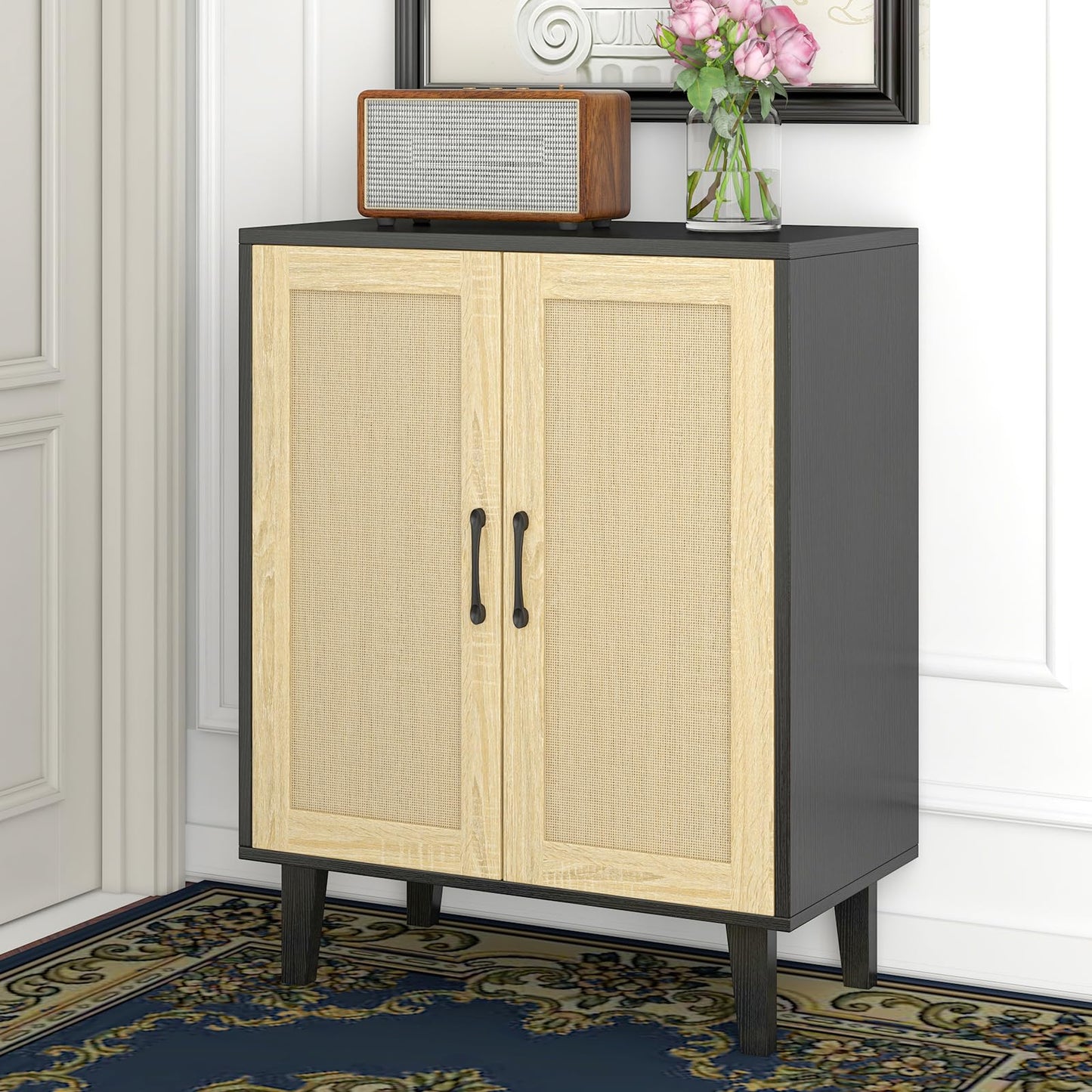 Panana Buffet Cabinet Sideboard with Rattan Decorated Doors Kitchen Storage Cupboard Accent Cabinet (Black)