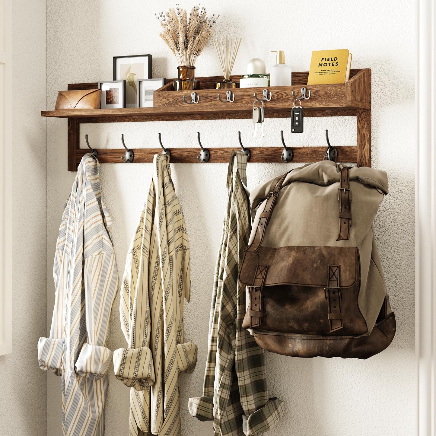 AMBIRD Coat Rack Wall Mount, 35 inch Large Wall Hooks with Shelf, Entryway Shelf with 7 Dual Coat Hooks 4 Key Hooks Mail Organizer, Wooden Coat Hanger and Key Holder Wall Mount